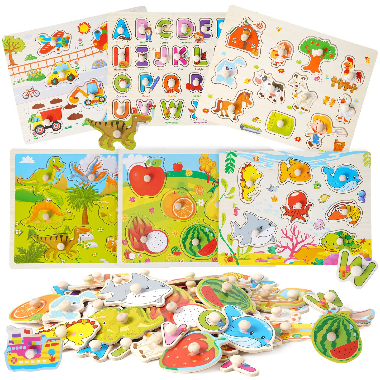 6 Puzzle in Legno Montessori per Bambini 1-4 Anni