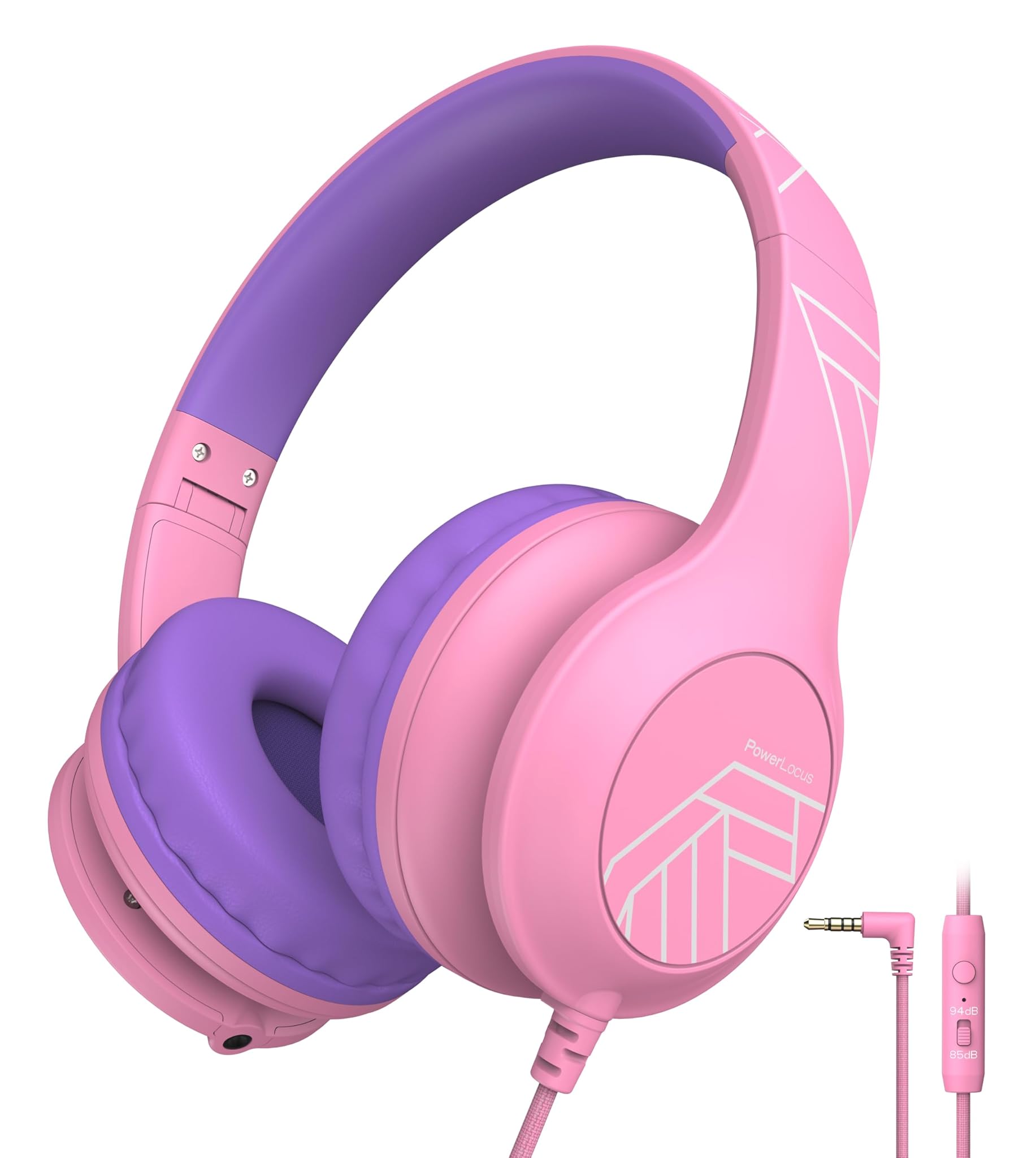 Cuffie per Bambini PowerLocus, Cablate con Microfono, Volume Massimo 85/94 dB, Over-Ear, Jack da 3,5 mm, Condivisione Musica, Pieghevoli per Bambini Rosa