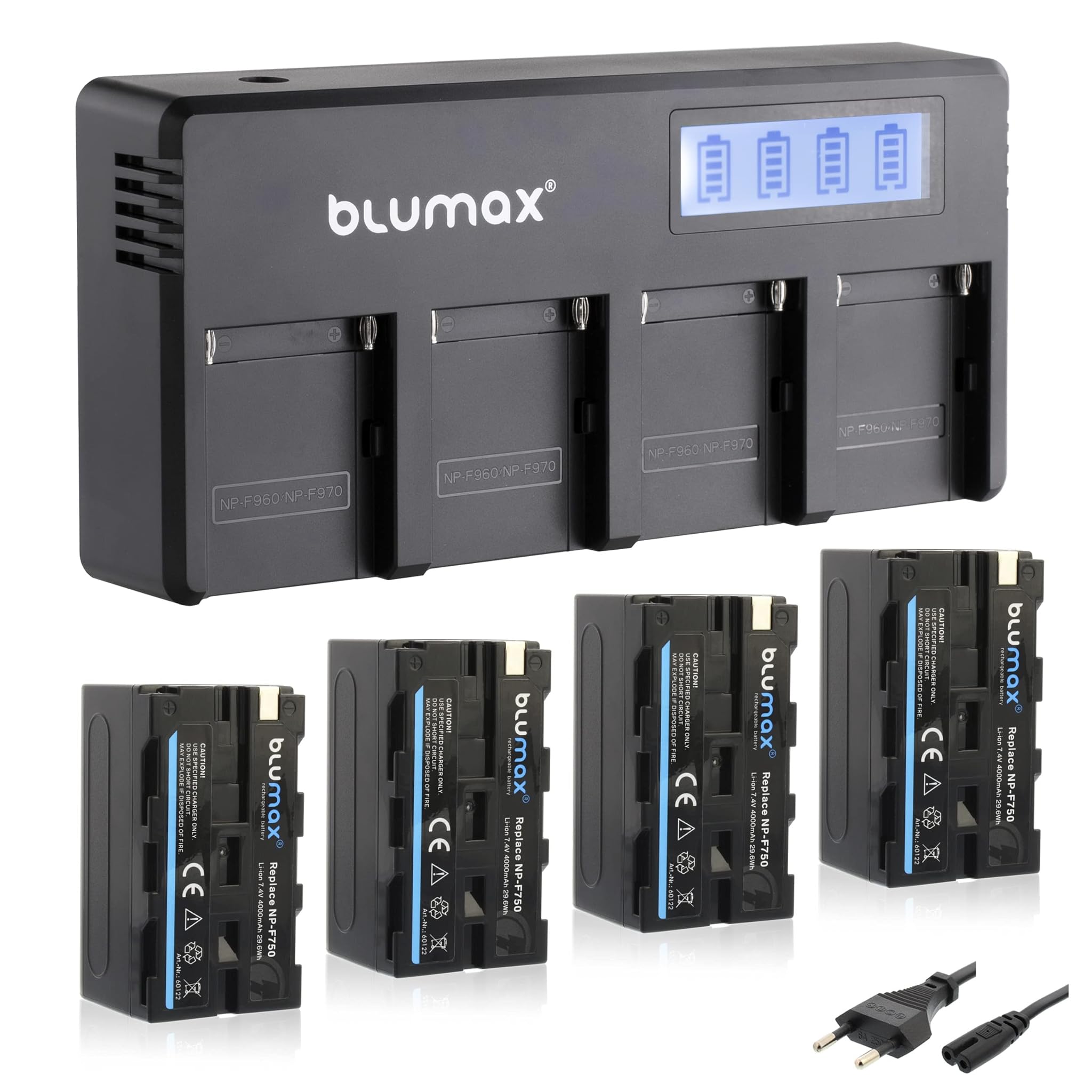 Blumax 4 Batterie NP-F750/NP-F550 4000 mAh + Caricatore LCD
