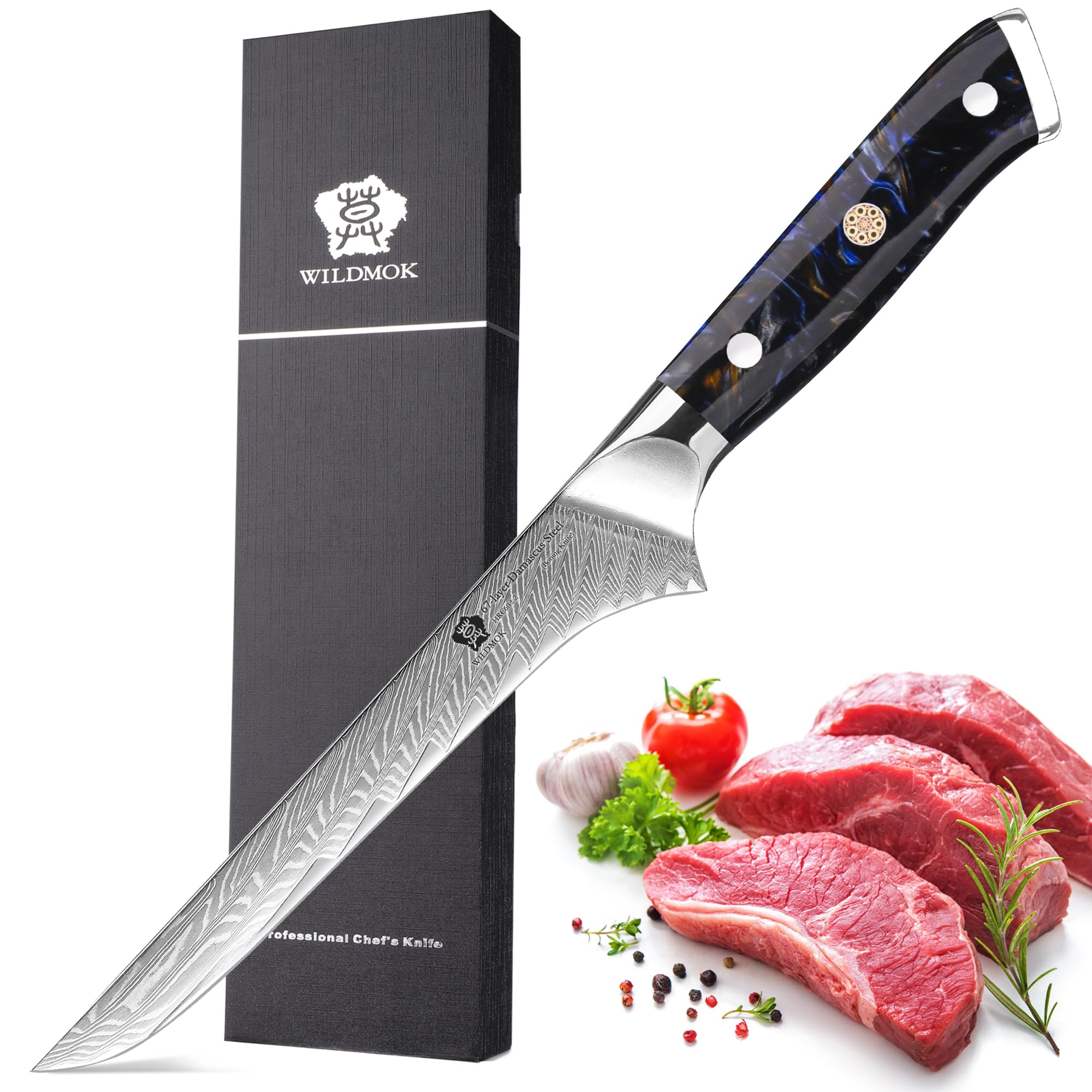 Wildmok Coltello per Disossare Giapponese Damasco 7 pollici