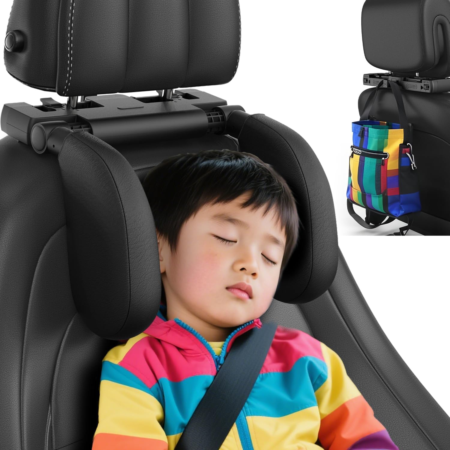 Poggiatesta auto per bambini, poggiatesta auto, in pelle traspirante, regolabile a 180 gradi, per auto, per bambini, adulti, ideale per dormire durante lunghi viaggi (nero)