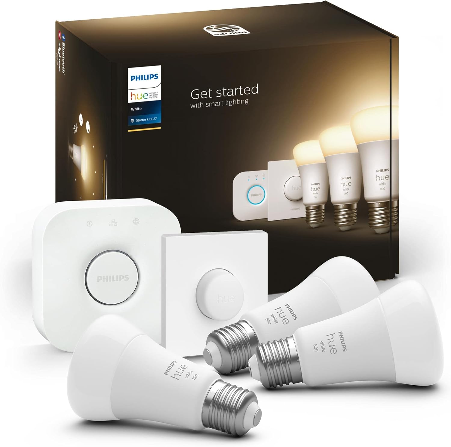 Philips Hue White Starter Kit 3 Lampadine E27 + Bridge + Smart Button - immagine 1