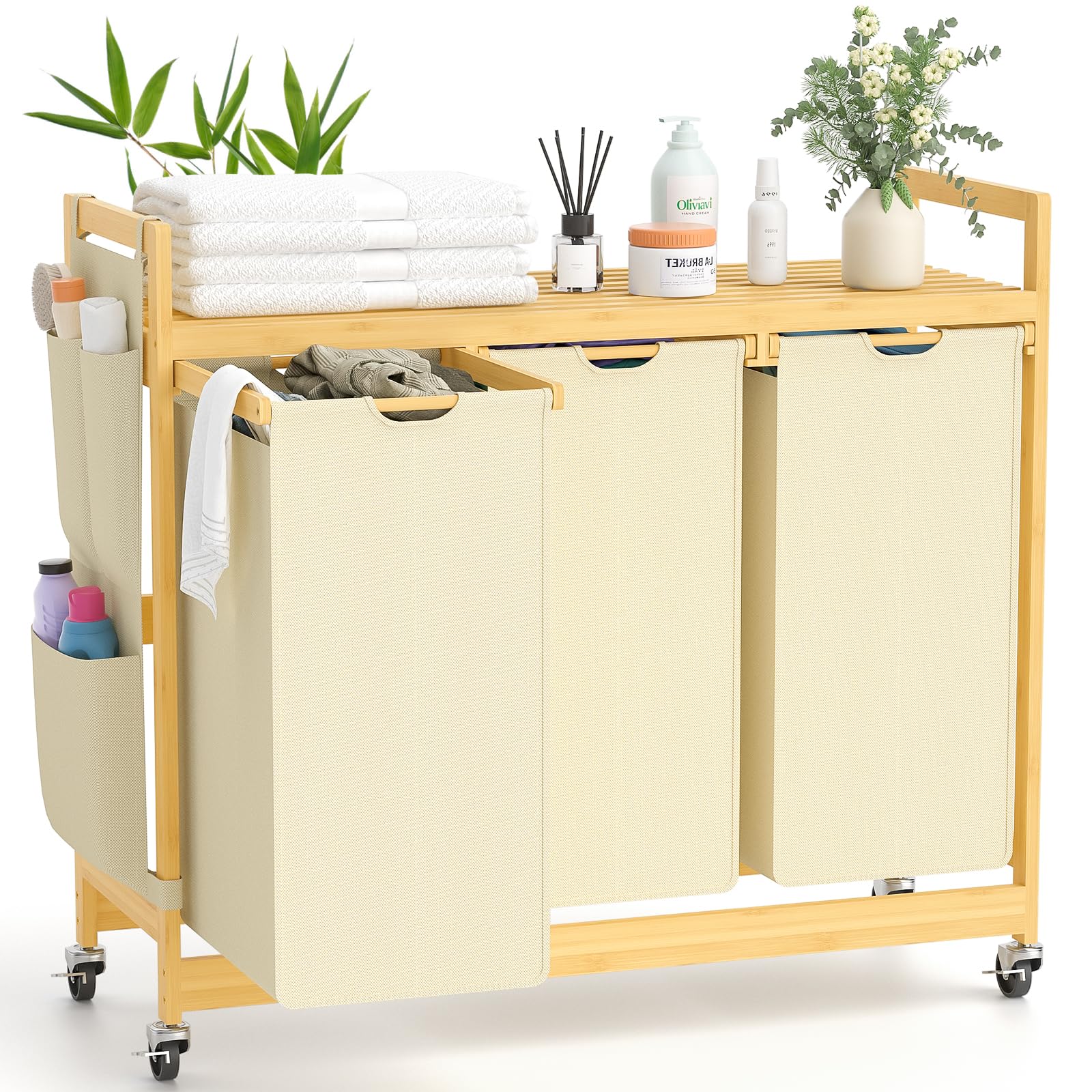 Suhu Cesto Portabiancheria 3 Scomparti in Bambù 150L, Beige