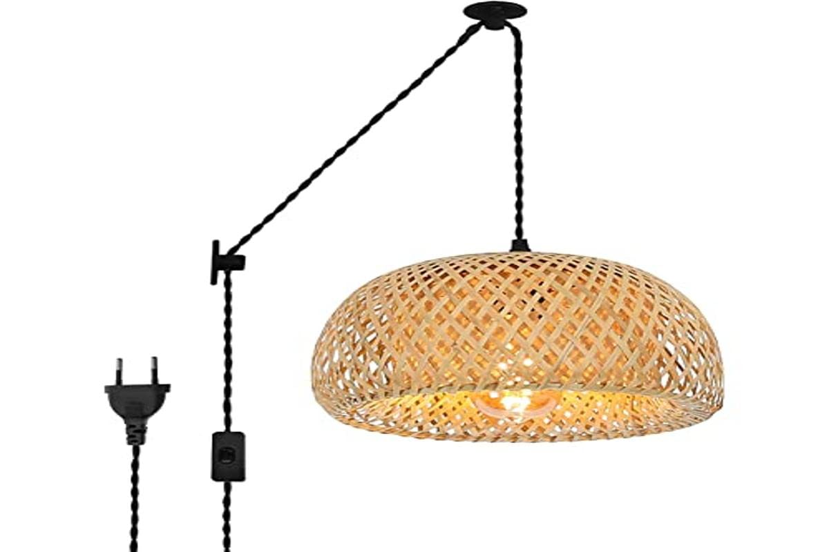 Lampada a sospensione in vimini "Yonna" con cavo e spina