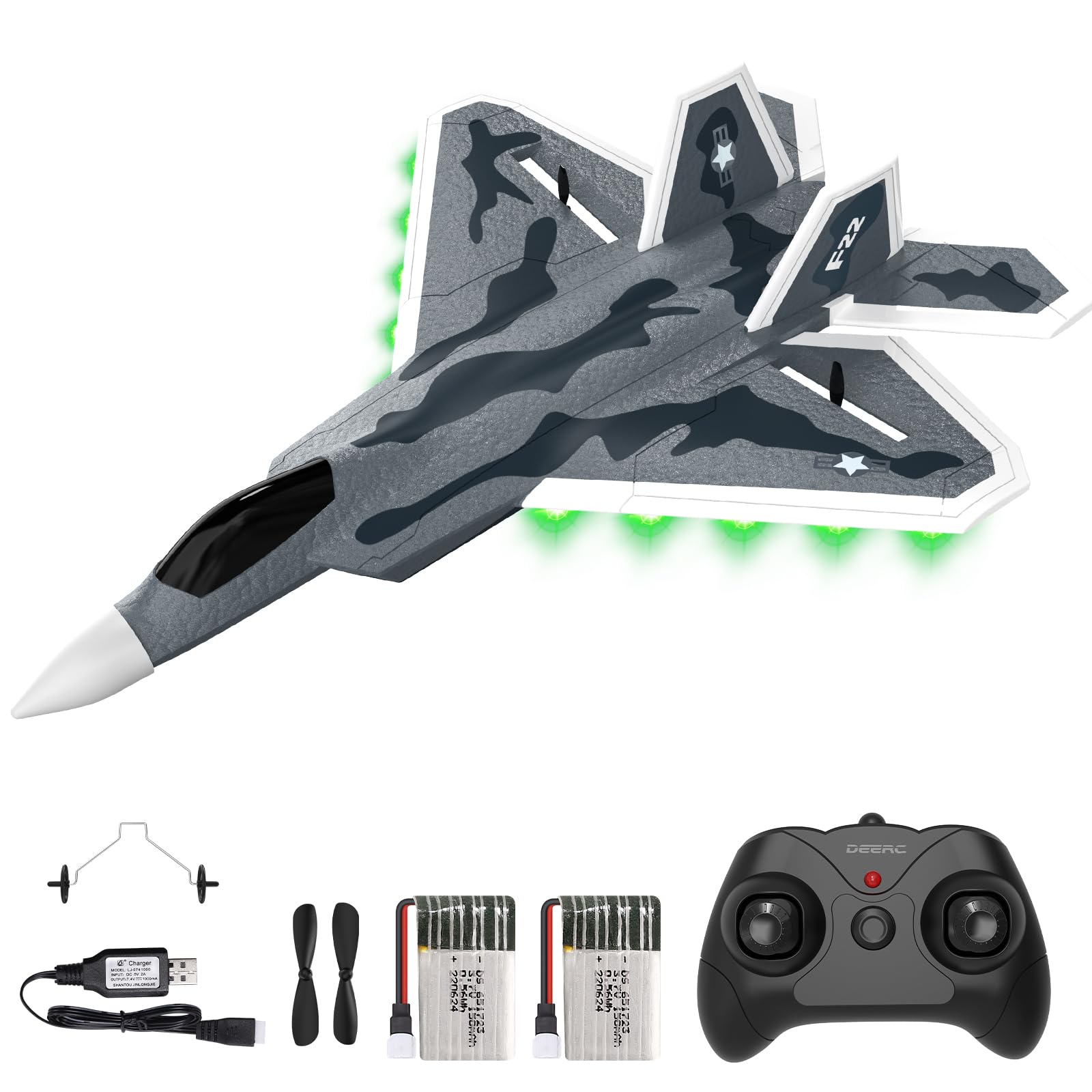 DEERC 2CH F22 Aereo telecomandato Raptor con luci, aereo da caccia telecomandato, aliante RTF stabilizzatore giroscopico a 6 assi 2,4 GHz, con 2 batterie, facile da pilotare per bambini, principianti
