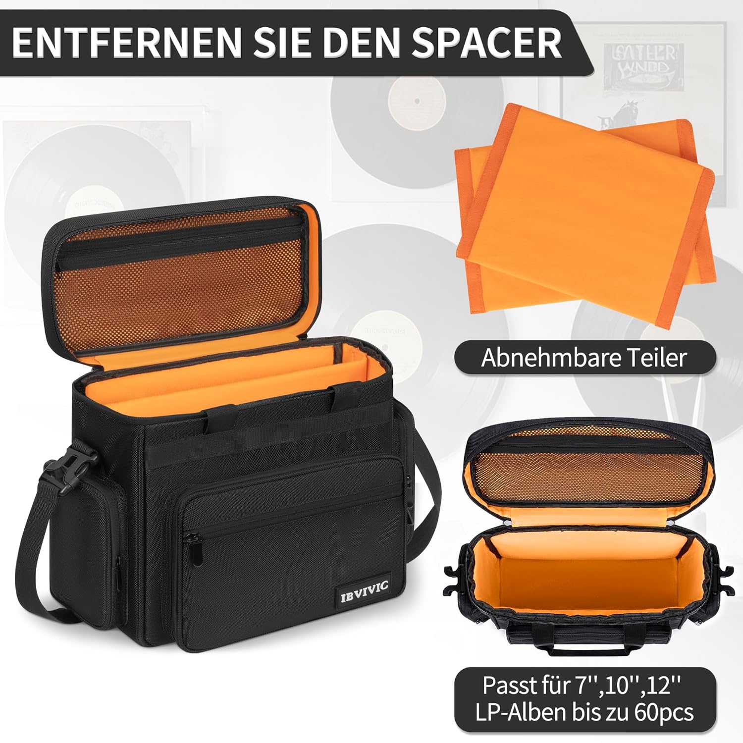 Borsa Trasporto Dischi Vinile Impermeabile, Nero-Arancione - immagine 3