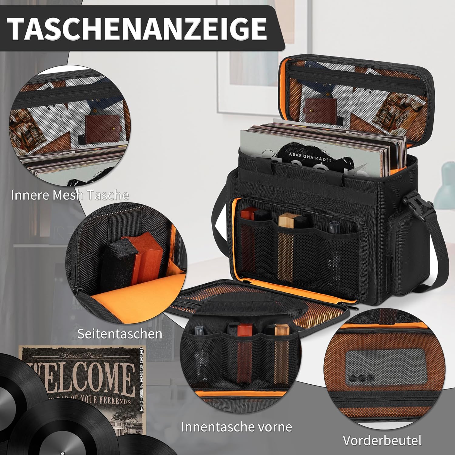 Borsa Trasporto Dischi Vinile Impermeabile, Nero-Arancione - immagine 5