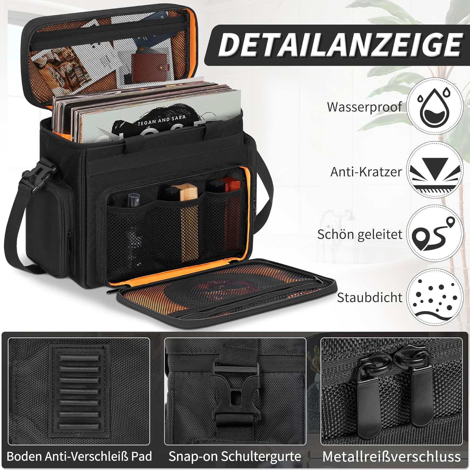 Borsa Trasporto Dischi Vinile Impermeabile, Nero-Arancione - immagine 6