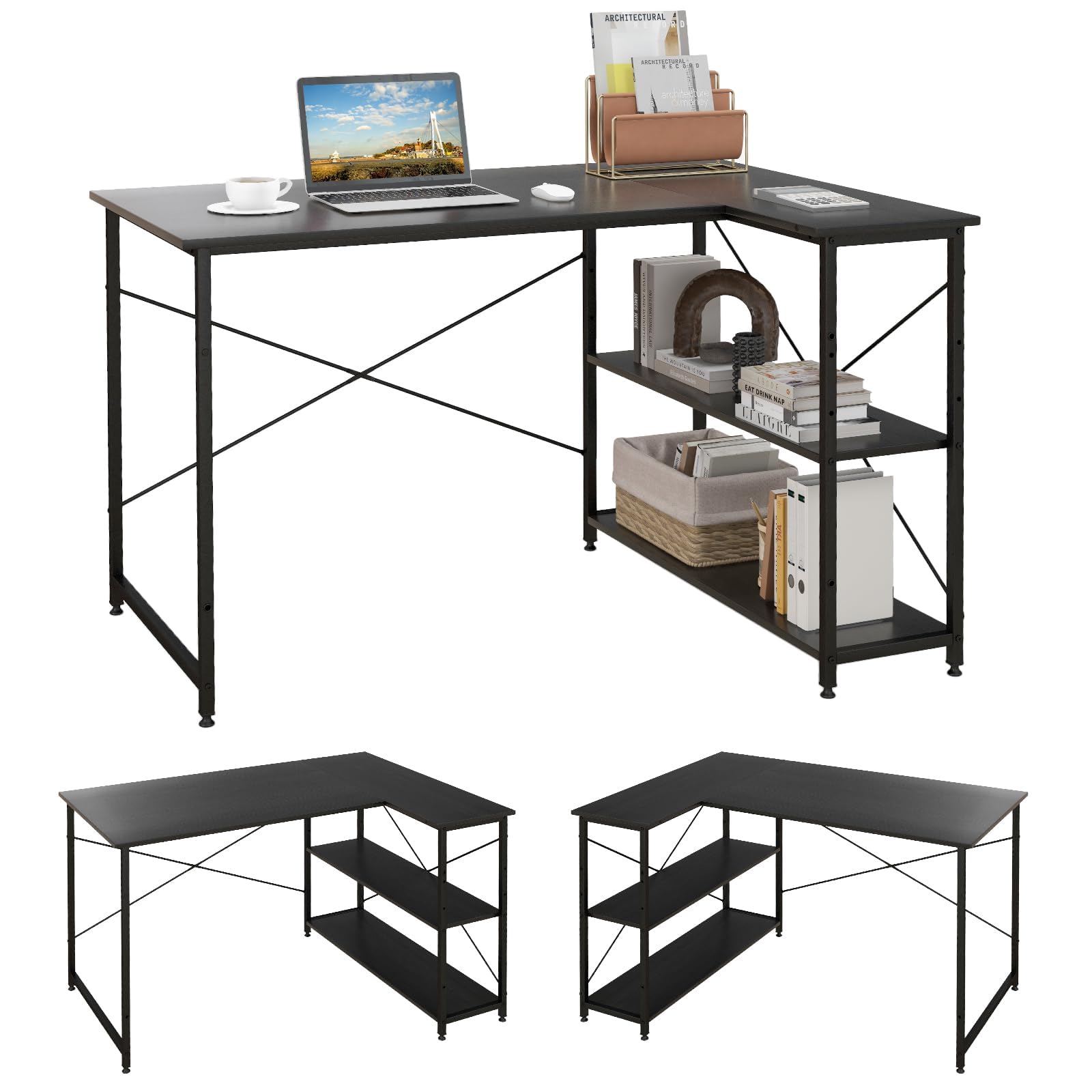FANTASK Scrivania a forma di L, scrivania per computer con ripiano destro o sinistro, scrivania angolare con ripiani, tavolo angolare da ufficio per casa, piccoli spazi, 120 x 88 x 74,5 cm (nero)