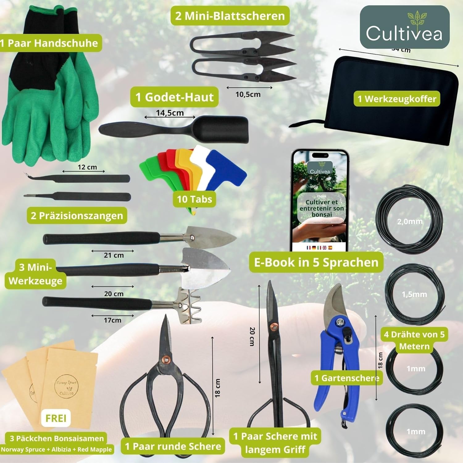 Cultivea® Set 32 Attrezzi Completi per Bonsai in Acciaio - immagine 2