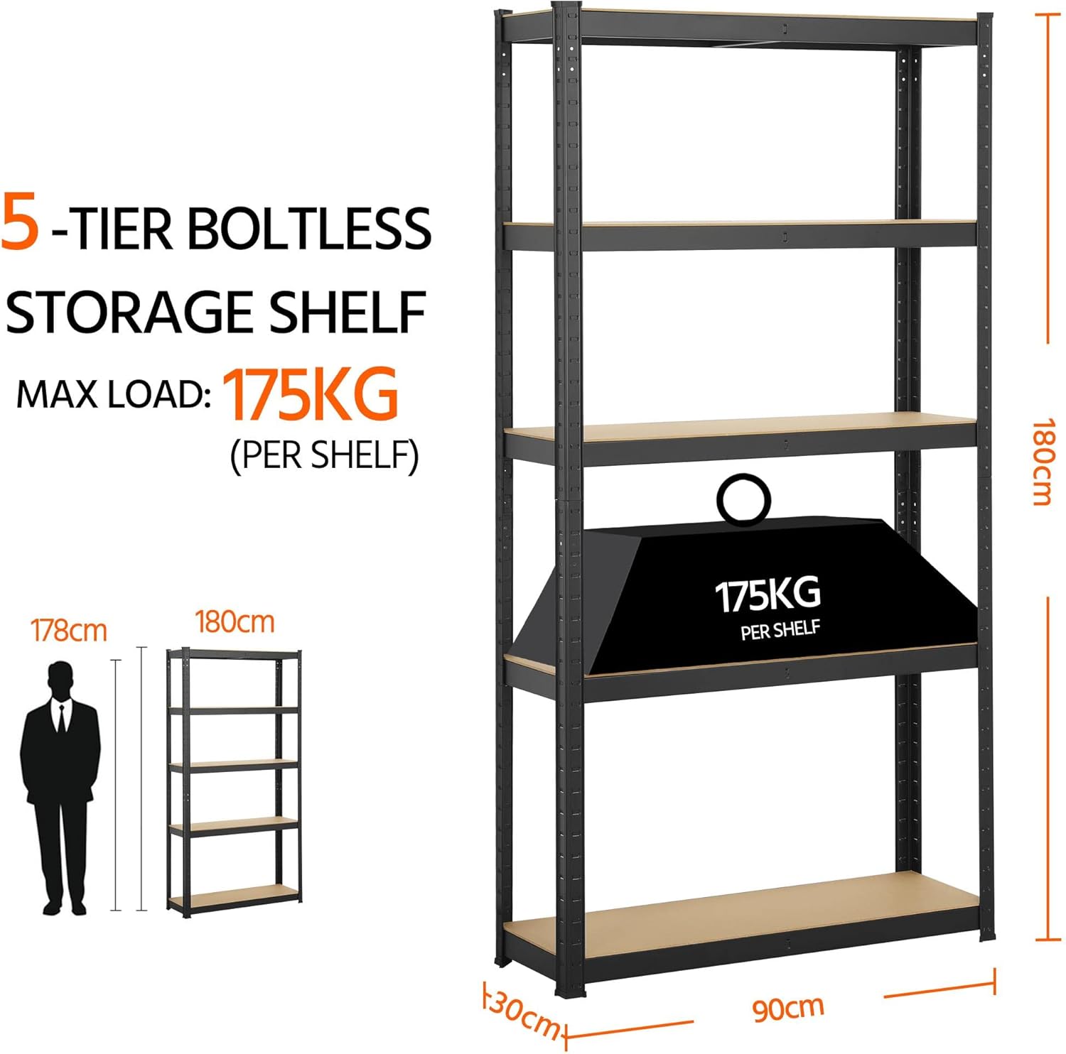 Yaheetech Scaffale da Garage 180x90x30cm 5 Ripiani - immagine 3