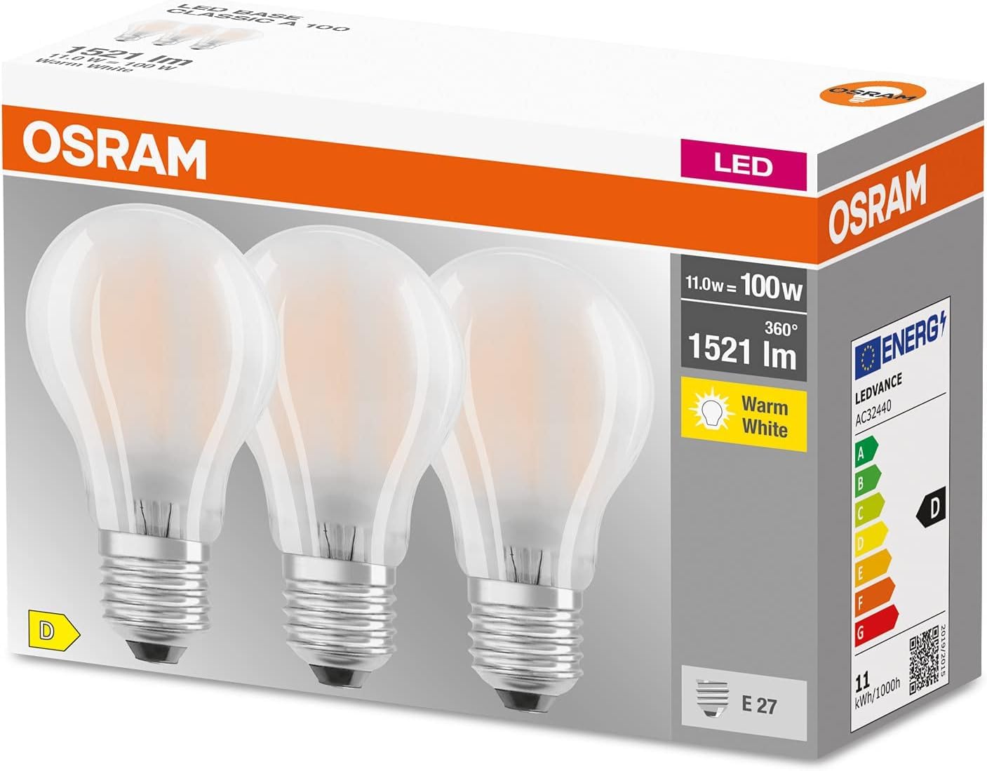 Osram LED BASE Classic A100 E27, Bianco Caldo (3 pz)