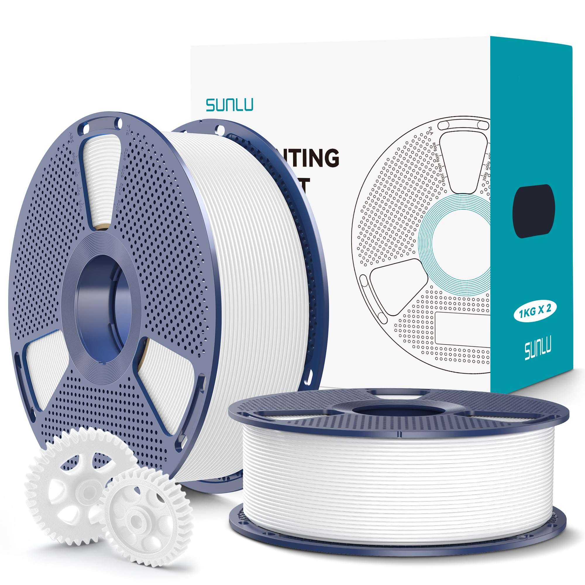 SUNLU PLA+2.0 Filamento per stampante 3D, Filamento PLA Plus di Aggiornamento 2KG, Precisione dimensionale +/- 0.02 mm, Bobina da 1kg (2.2LBS), 2KG in Totale, Bianco+Bianco