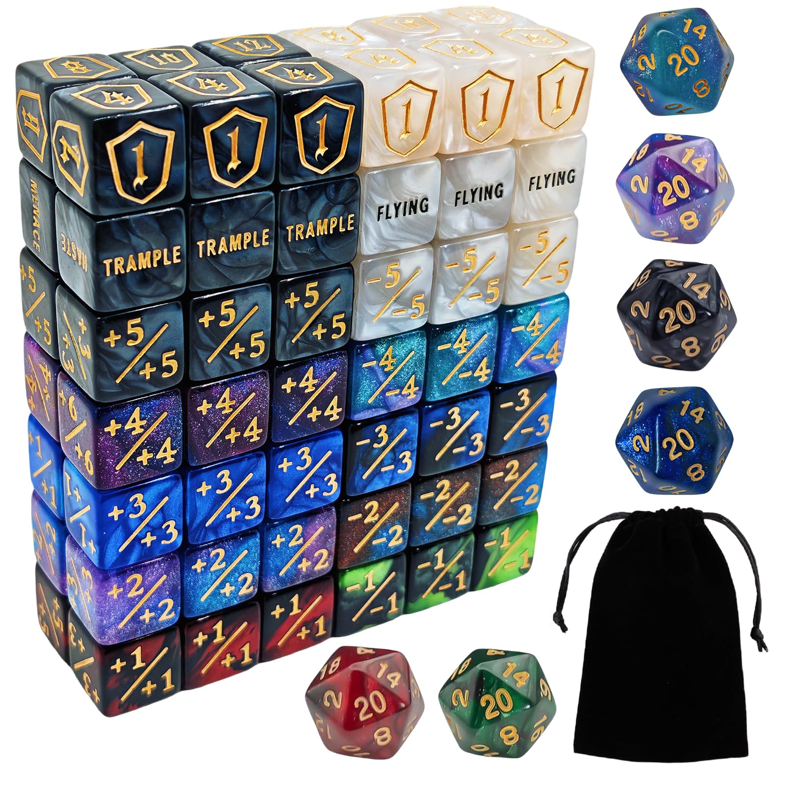 90 PCS MTG Contatori di Dadi - Contatore di Parole Abilità, -1/+1 Life Counter, Shield Life Counter Dice, Marble Colour D6 Dice Dice, per MTG, TCG, Giochi di Carte (sacchetto nero incluso)