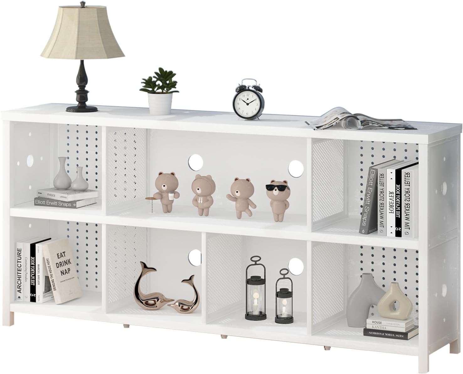 LVB Libreria orizzontale bianca, moderna libreria a cubo, organizer per libri, in legno, grande, industriale, bassa, lunga, per ufficio, casa, camera da letto, soggiorno, rovere bianco, 160 cm