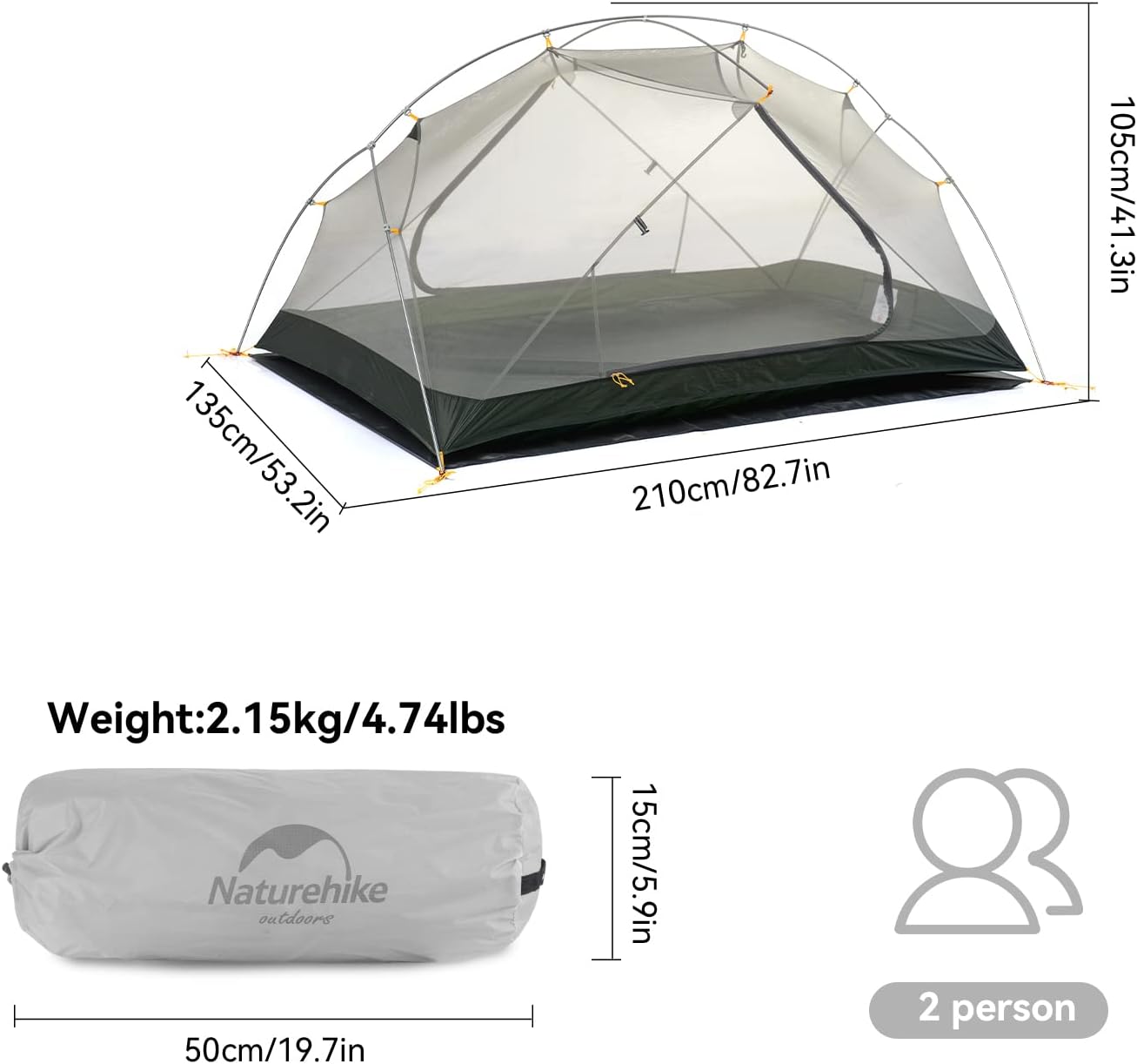 Naturehike Mongar Tenda da Campeggio 2 Posti, Grigio - immagine 2