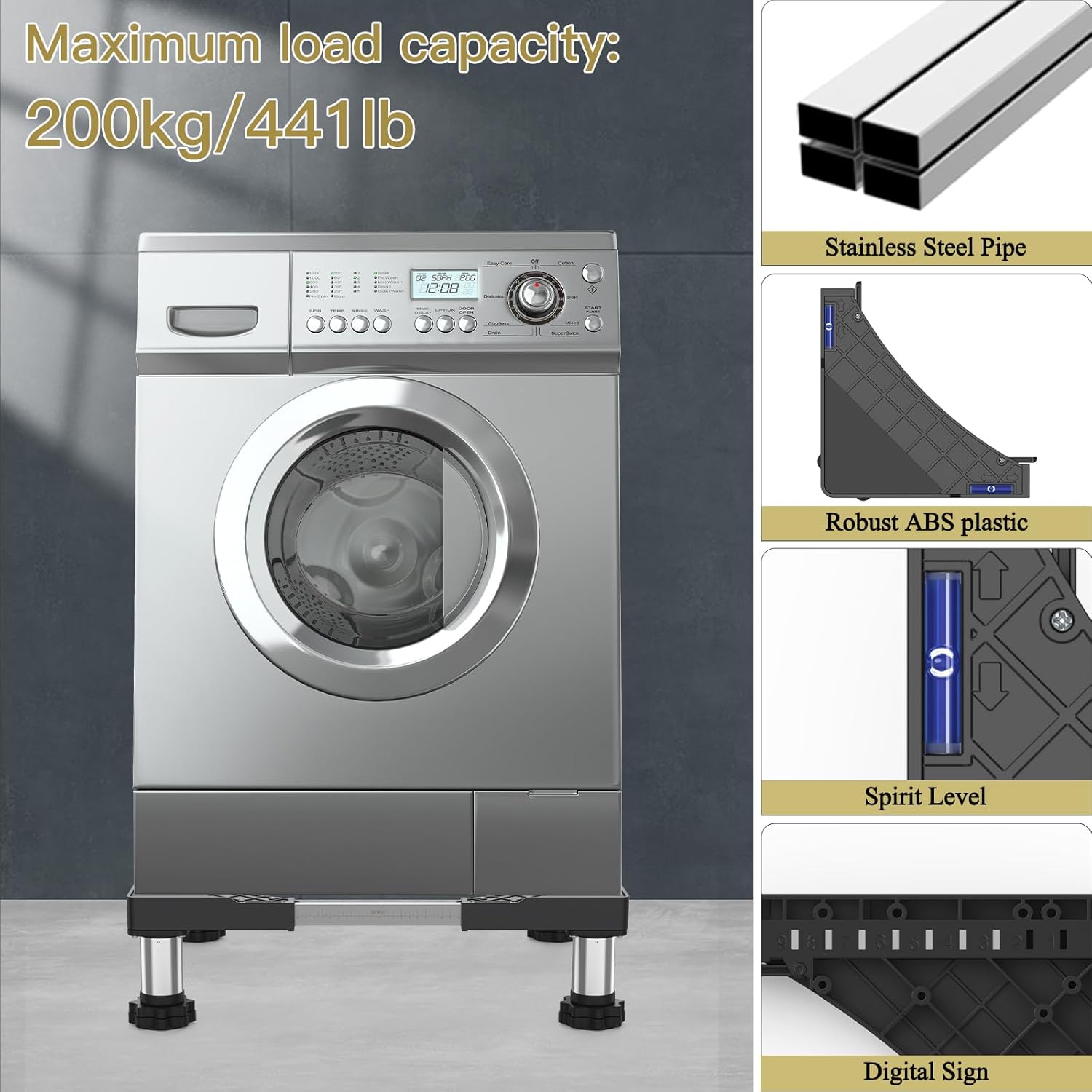 DEWEL Base per Lavatrice Regolabile 45-65cm, Nera - immagine 2