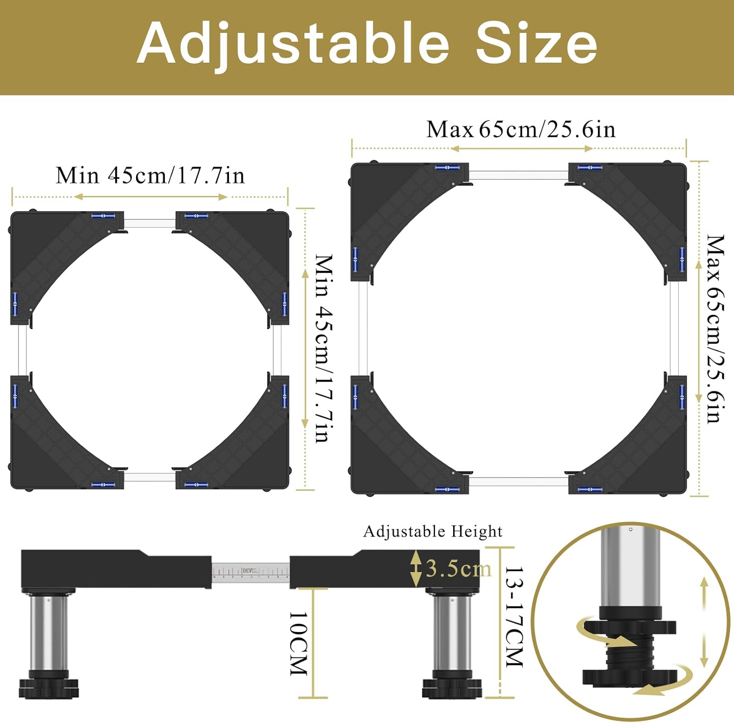 DEWEL Base per Lavatrice Regolabile 45-65cm, Nera - immagine 3