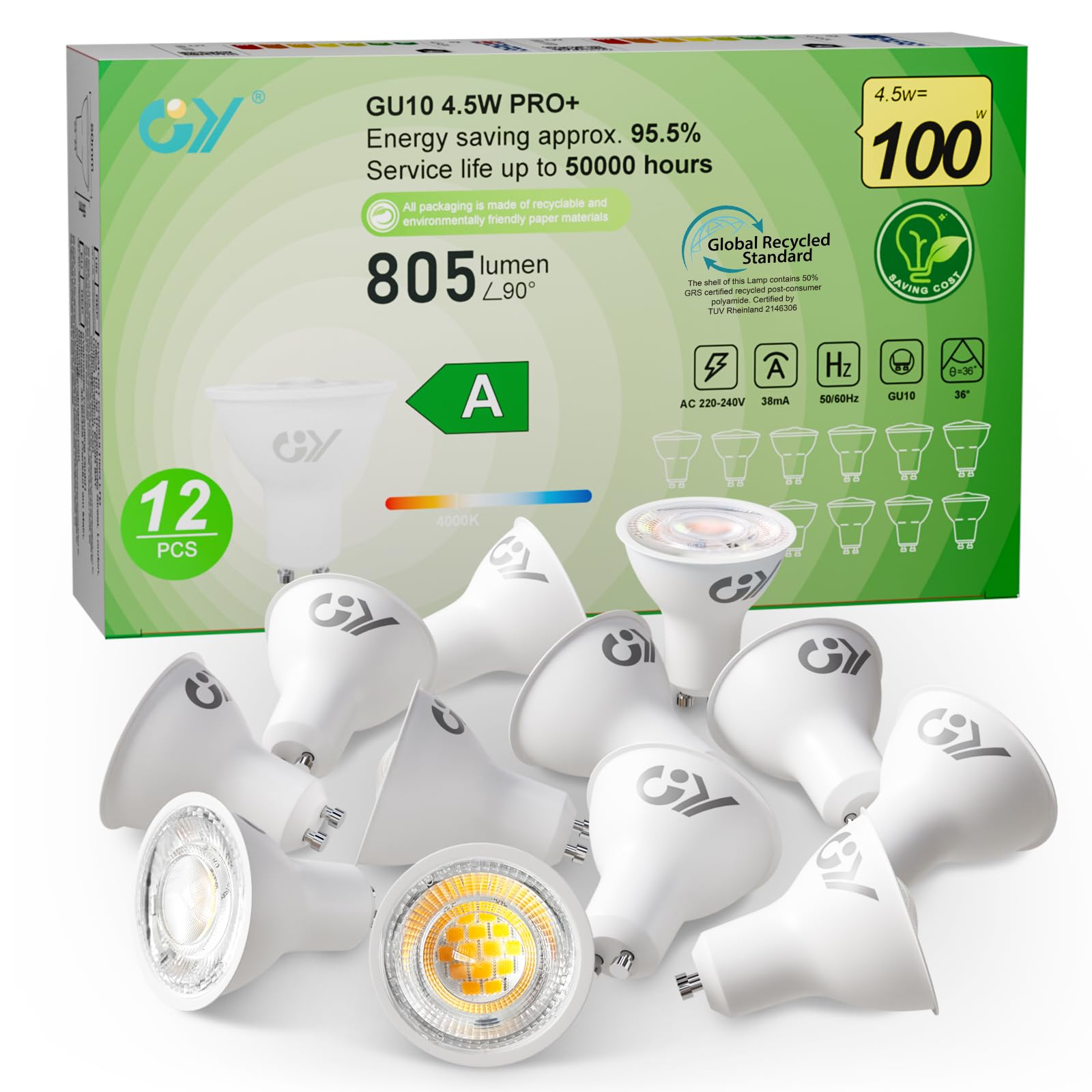 Gy Lampadina LED GU10 4.5W, Bianco Neutro, 12 Pezzi