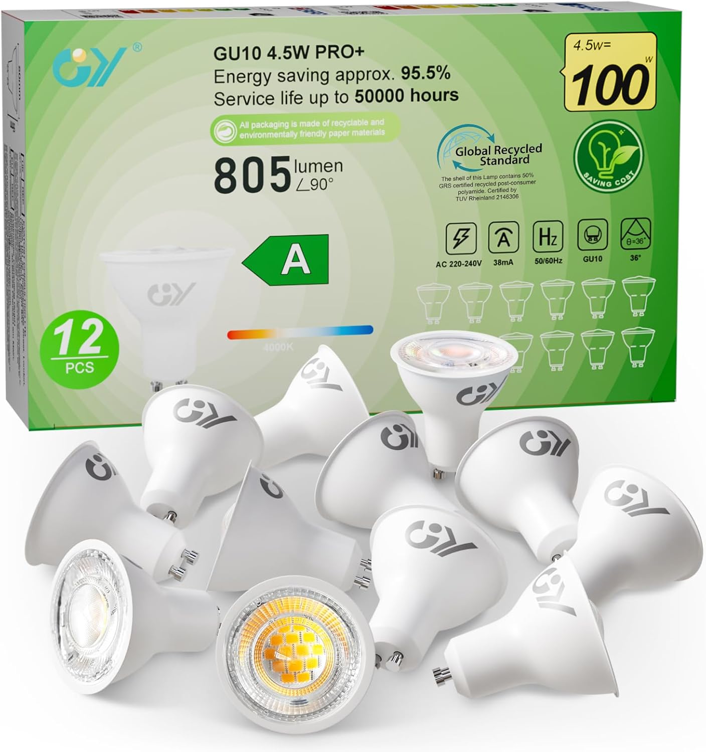 Gy Lampadina LED GU10 4.5W, Bianco Neutro, 12 Pezzi - immagine 1