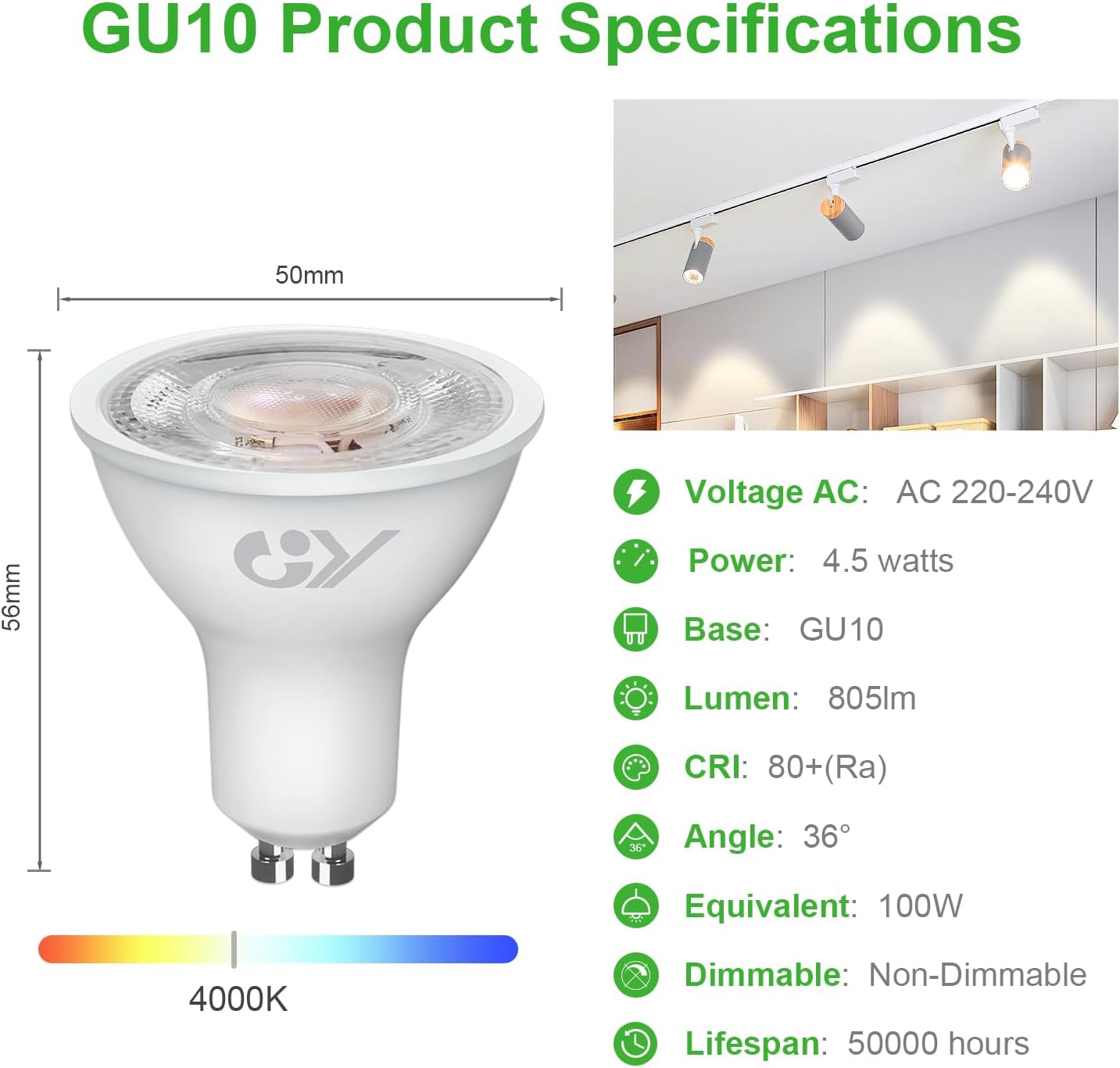 Gy Lampadina LED GU10 4.5W, Bianco Neutro, 12 Pezzi - immagine 2