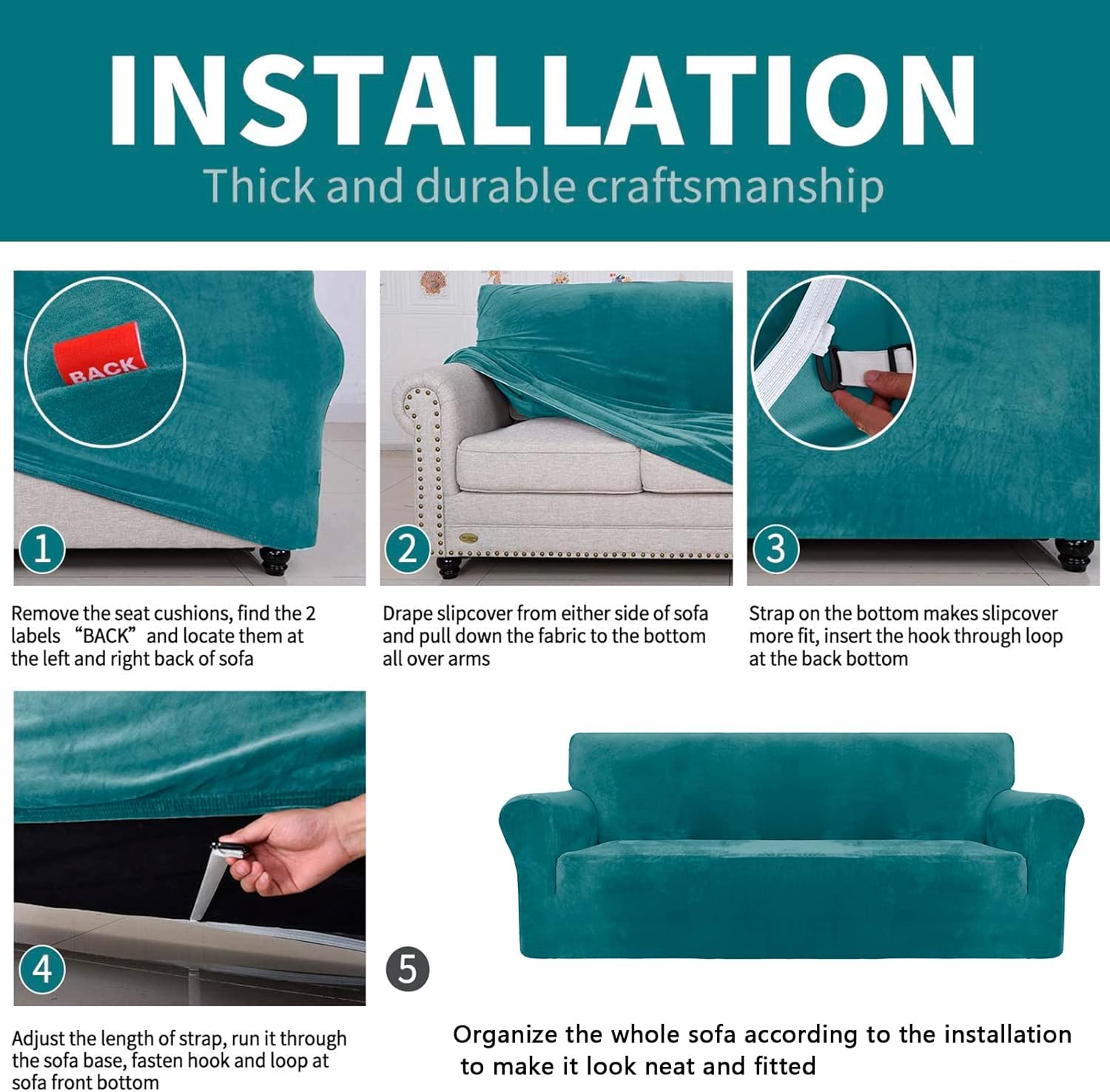 XINEAGE Copridivano 2 Posti in Velluto, Blu Pavone - immagine 6