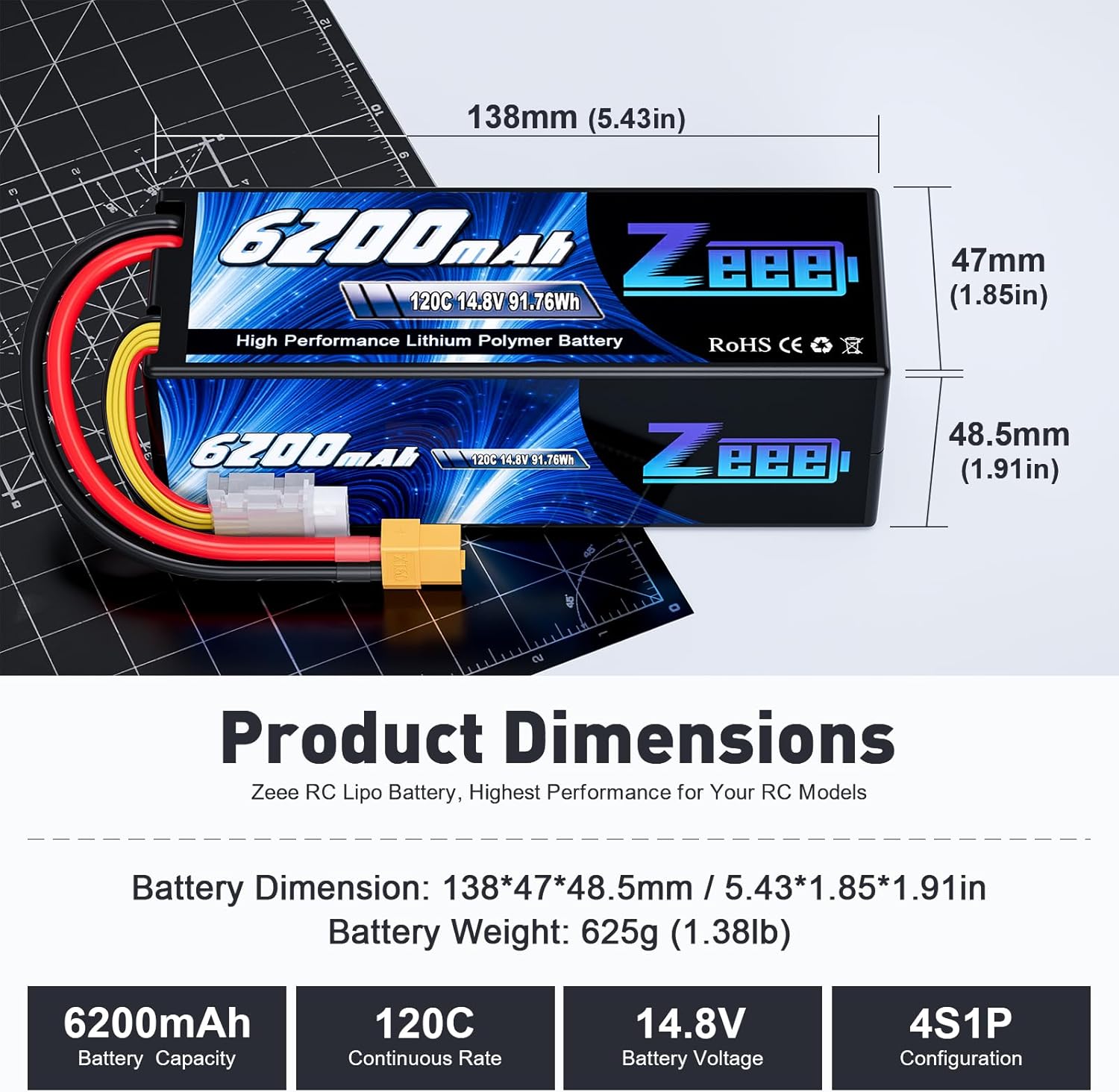 Zeee 4S Lipo 14,8V 120C 6200mAh Batteria RC XT60 (2 pezzi) - immagine 2