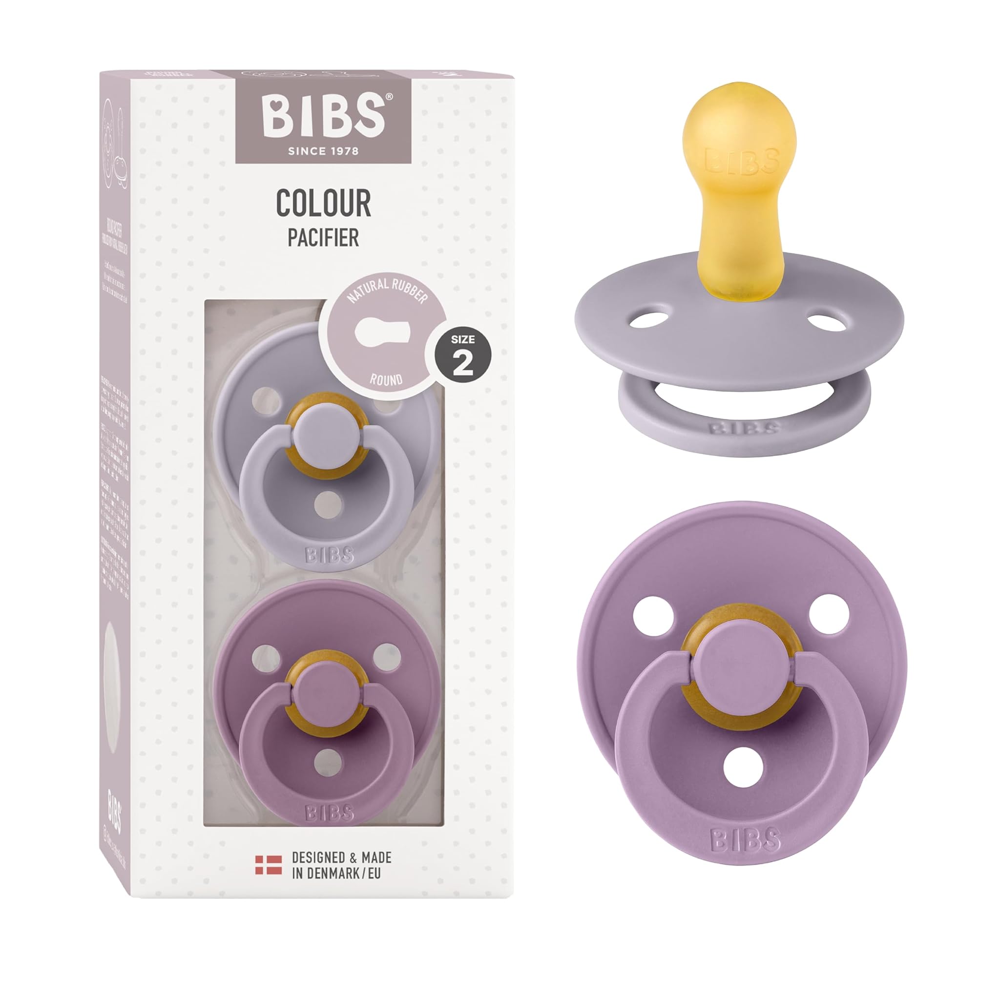 BIBS Colour Ciuccio confezione da 2 pezzi. Privo di BPA, Tettarella tonda. Lattice di gomma naturale, Prodotto in Danimarca. Misura 2 (6-18 mesi), Fossil Grave/Mauve