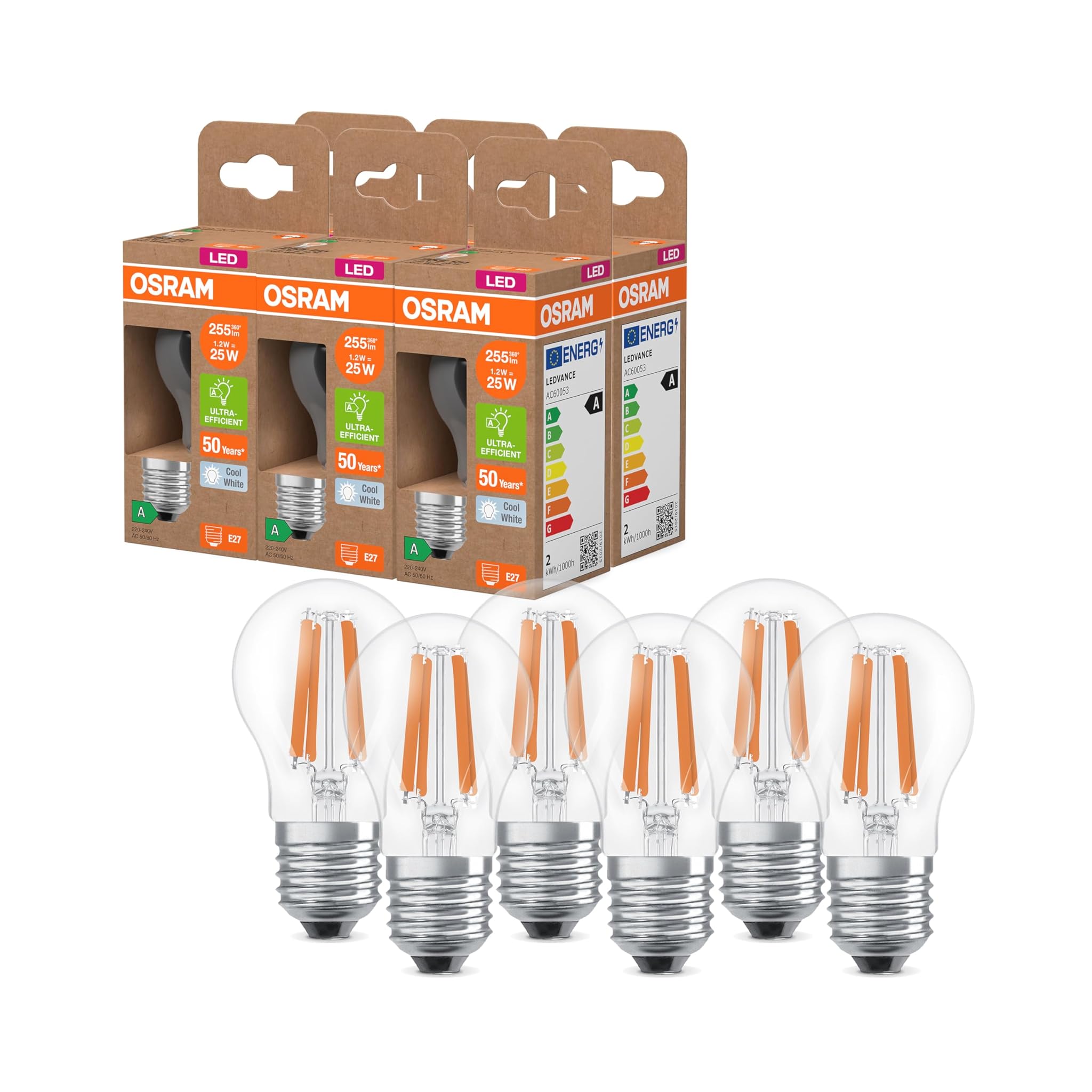 Osram Lampada LED Mini Sferica E27 1.2W, Confezione da 6