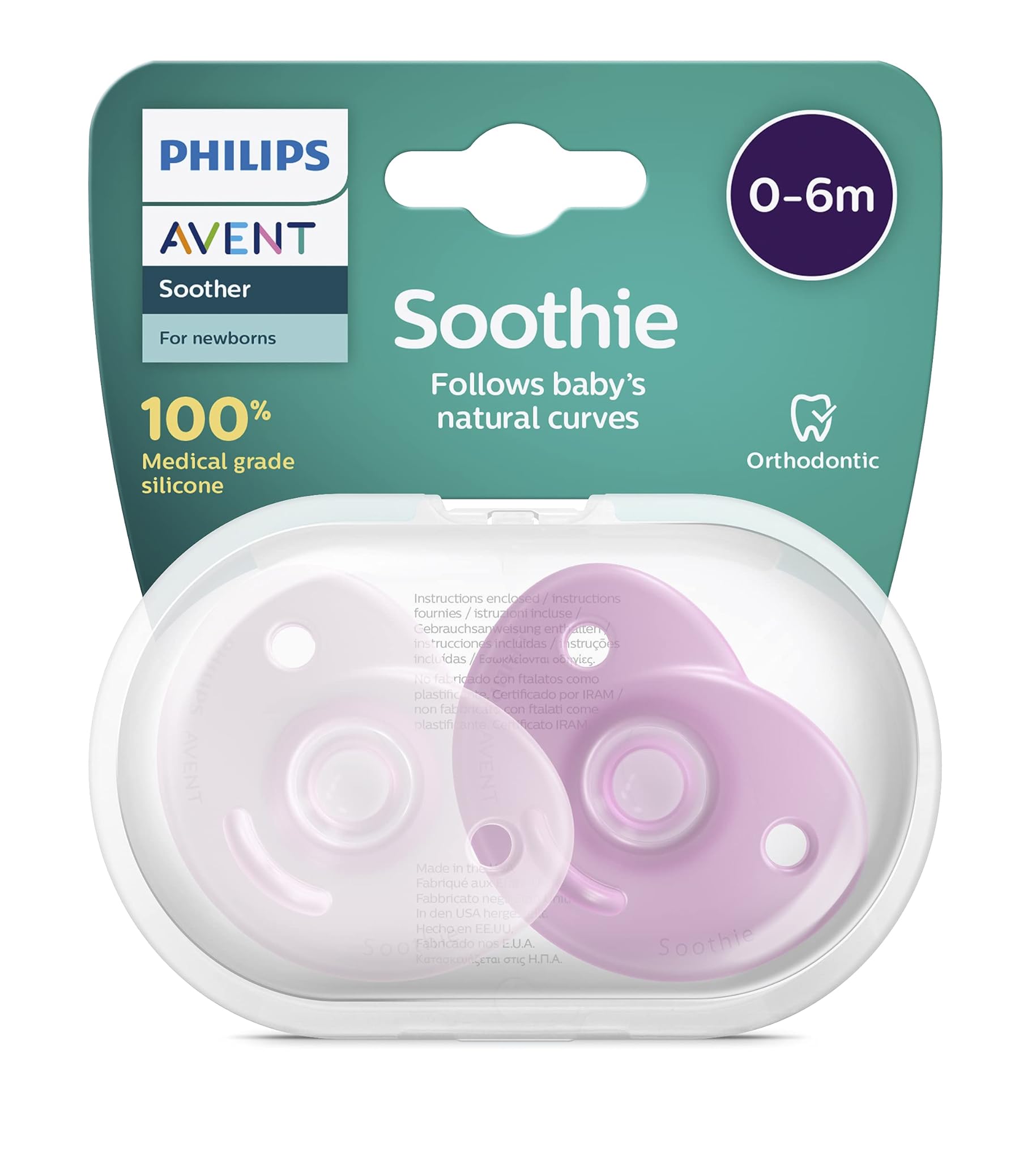 PHILIPS Avent Soothie Heart, Progettato Per Seguire I Contorni Naturali Del Viso Del Bambino, Realizzato In Silicone Per Uso Medico, Scf099/22, color Rosa - Confezione da 2