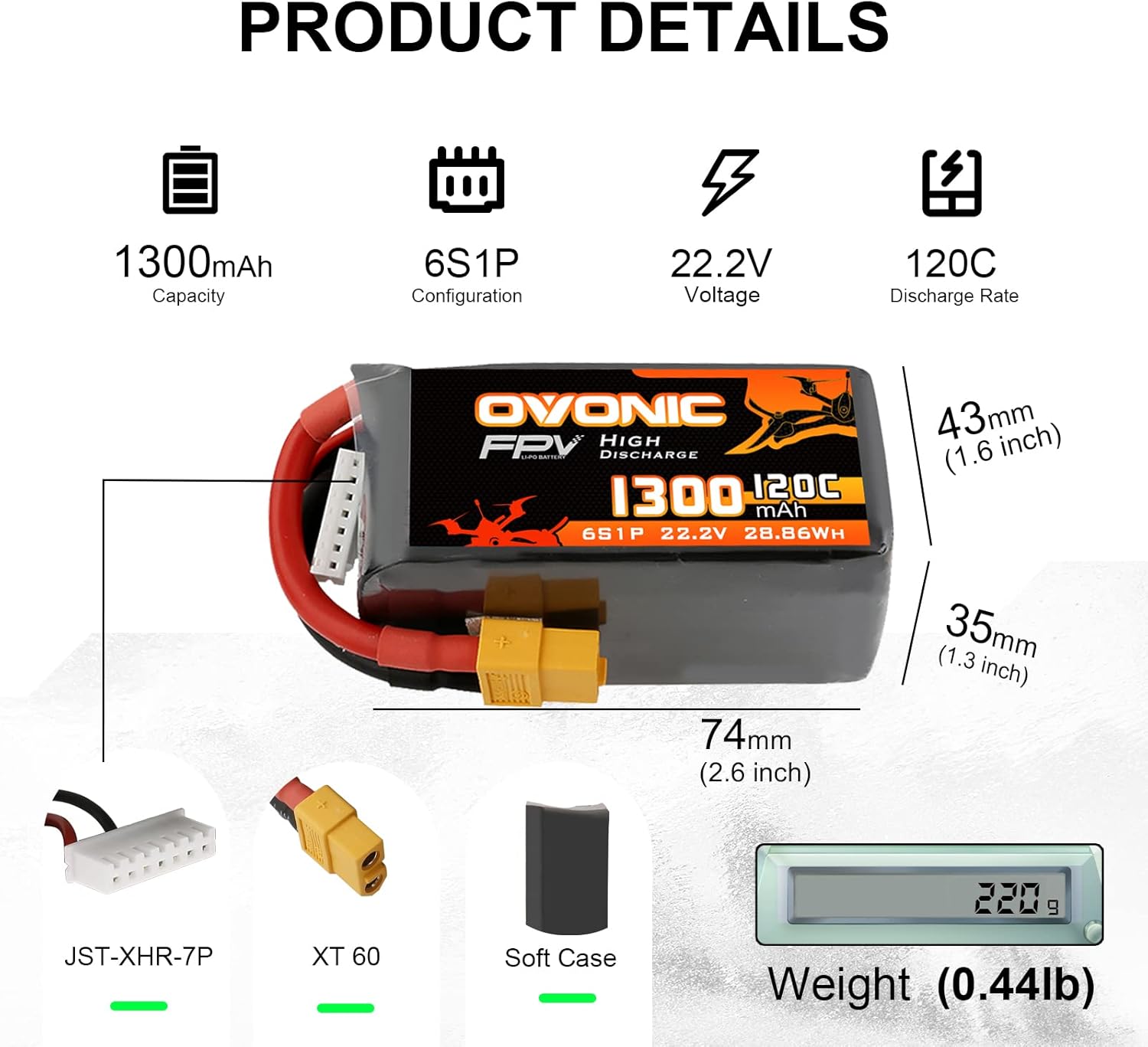 Ovonic Batteria Lipo 6s 1300 mAh 22,2 V 120C (2 pezzi) - immagine 2