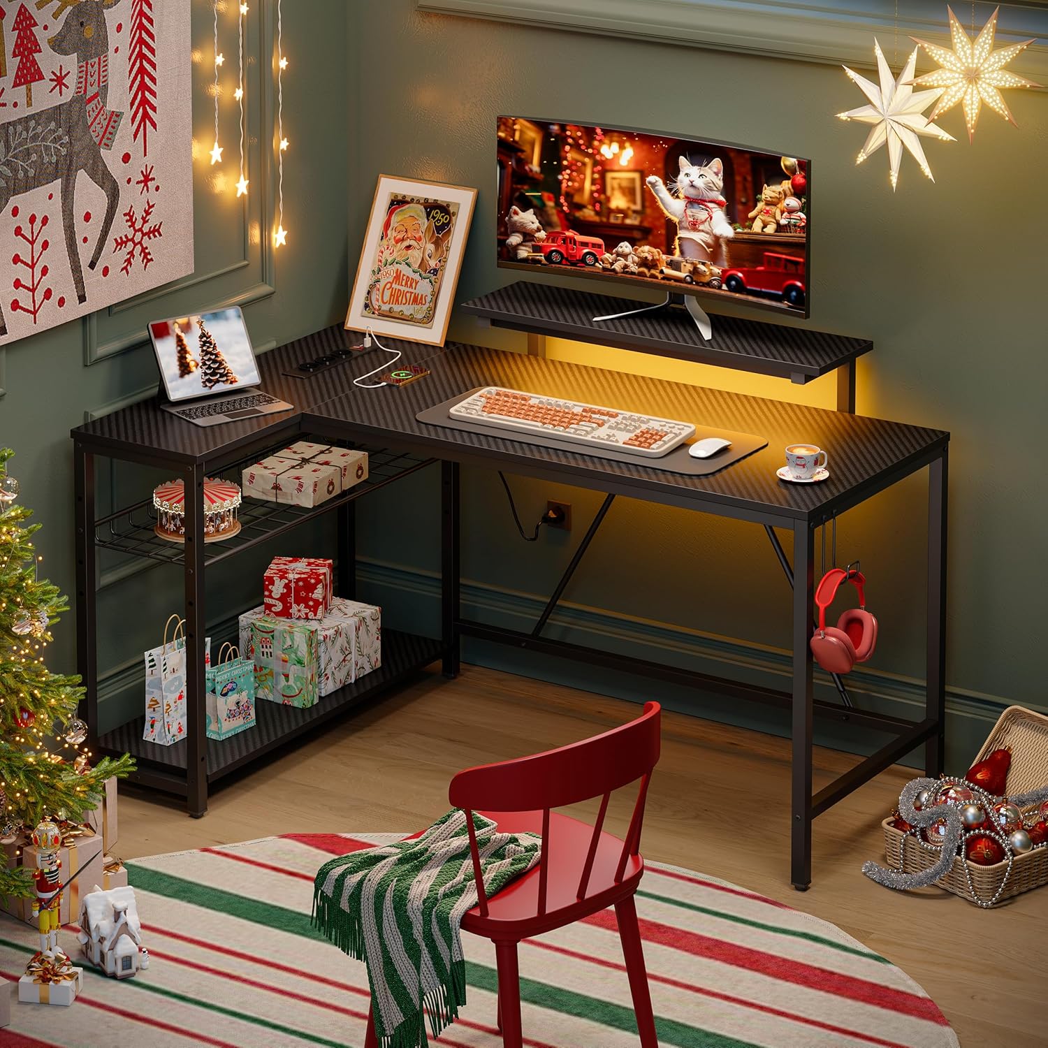 Bestier Scrivania a L con Prese e Luci LED - immagine 4