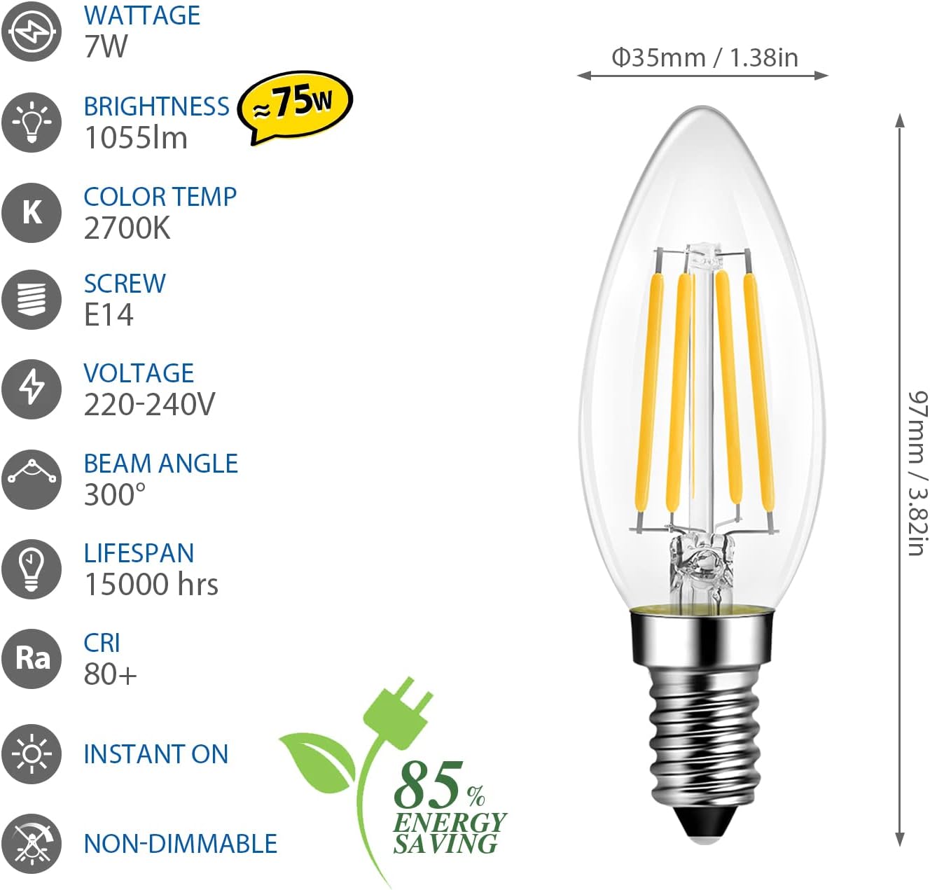 Lvwit Lampadine Filamento LED E14 7W (6 Pezzi) - immagine 2