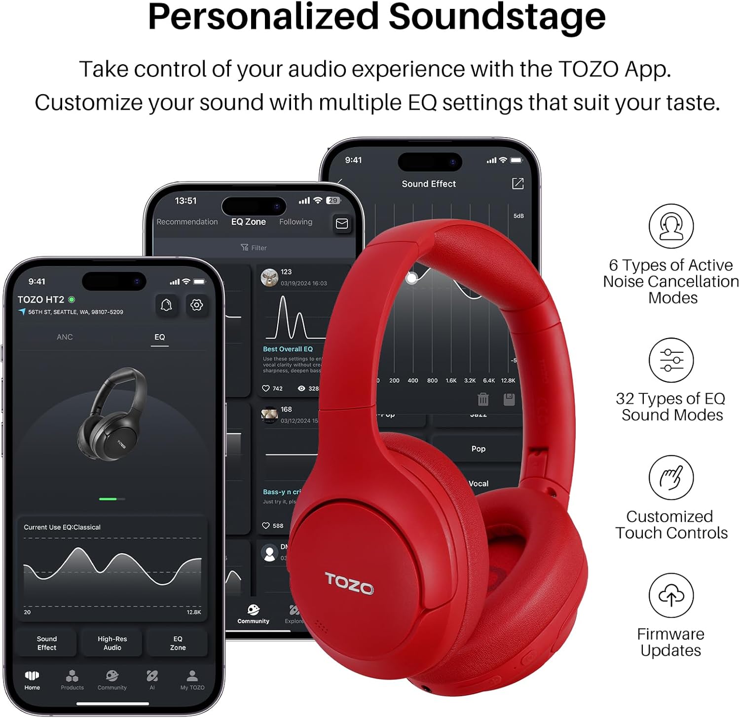 Tozo HT2 Cuffie Bluetooth 5.3 ANC Ibrido, Rosso Intenso - immagine 6