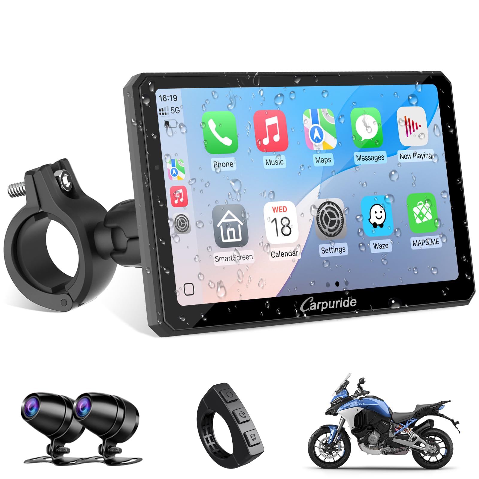 Carpuride W712D Moto Carplay Schermo 7" con Dash Cam HD 1080P