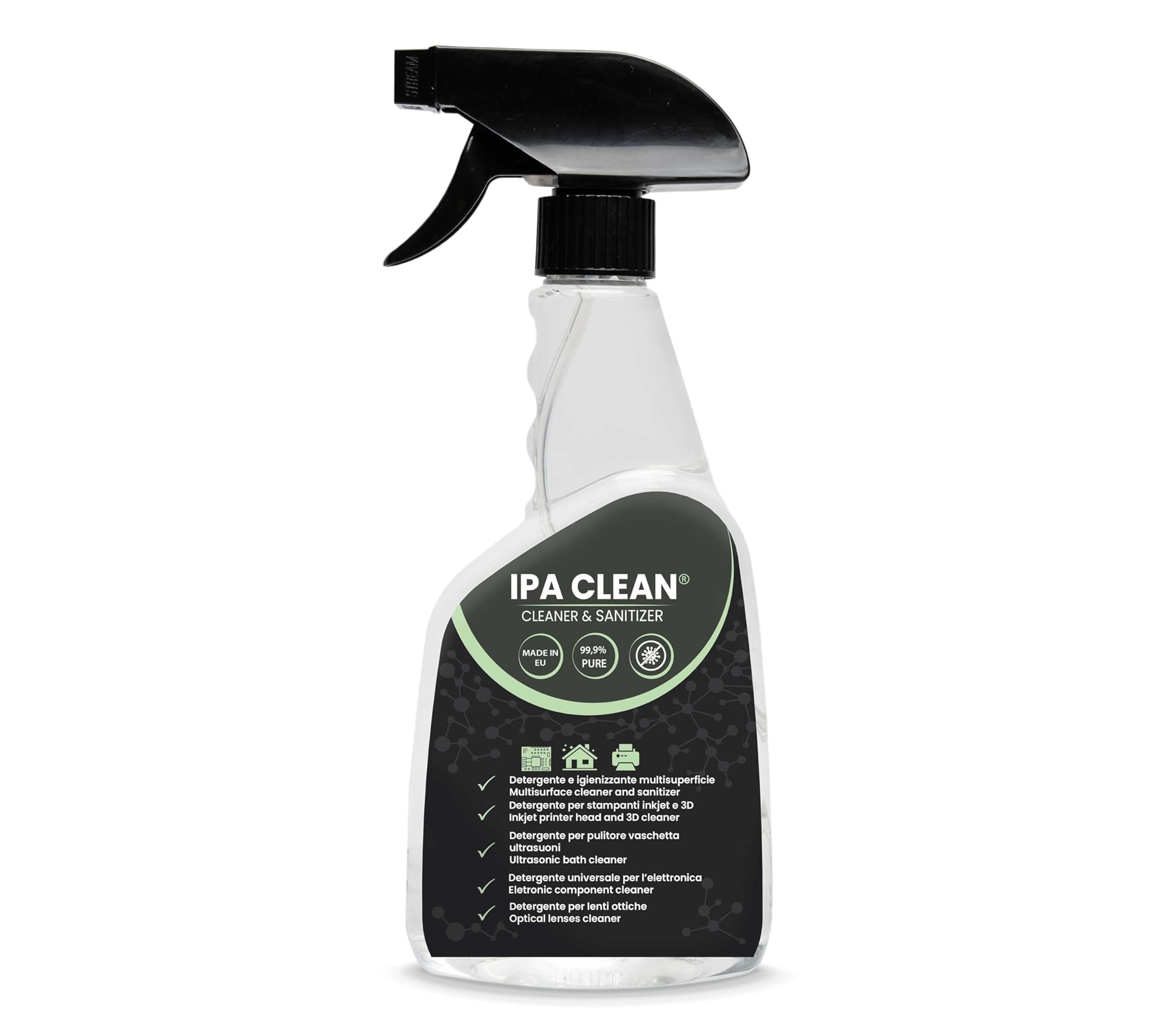 IPA Clean– Alcool Isopropilico 99,9 (500ml) con Spruzzino – Detergente per Casa, Elettronica, Ufficio, Stampante 3D, Sgrassatore Universale, Pennelli Makeup e Spray – Isopropanolo - Alcol Puro