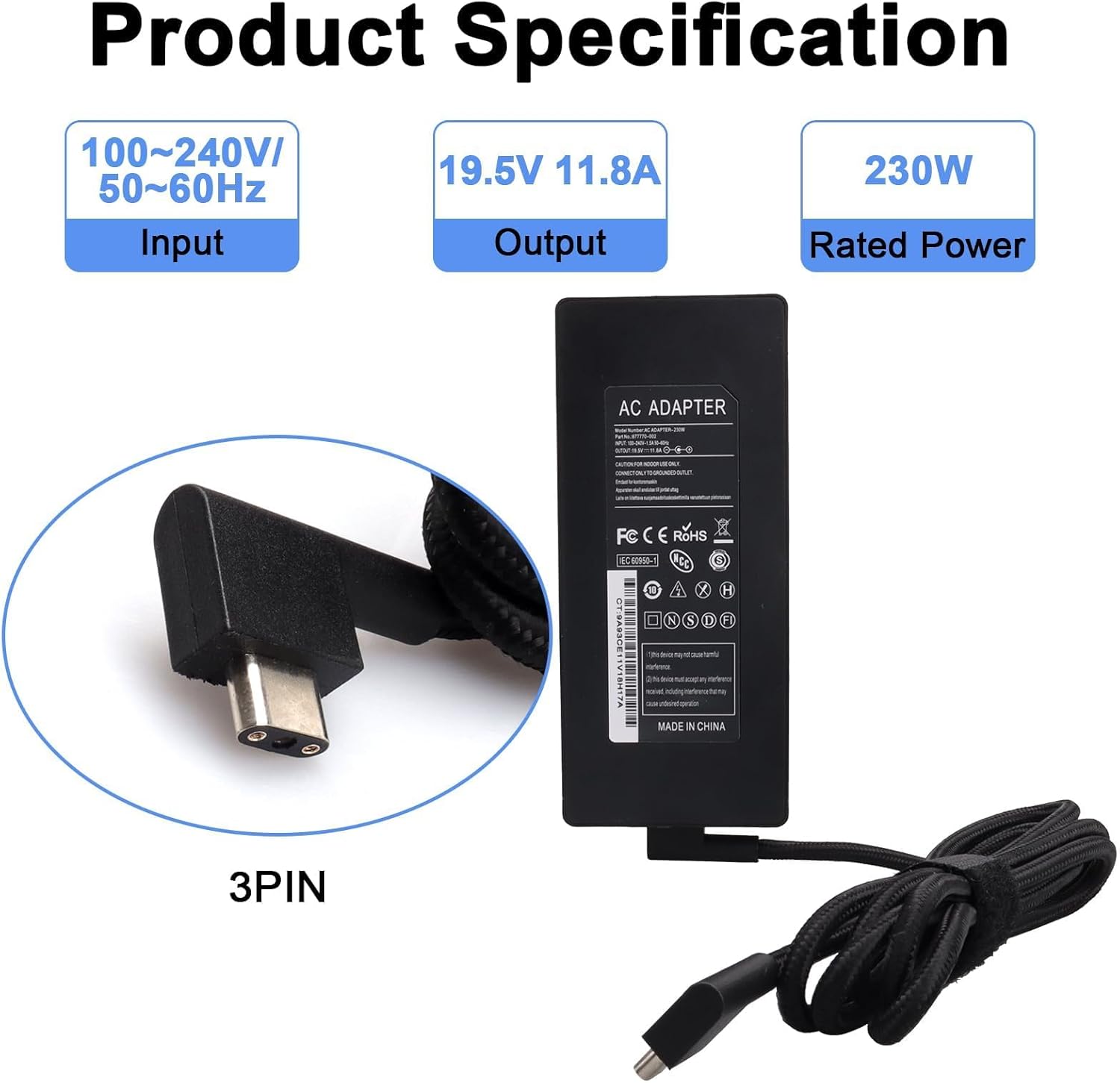 Mxjfyy Adattatore Caricabatterie 230W per Laptop Gaming Razer - immagine 2