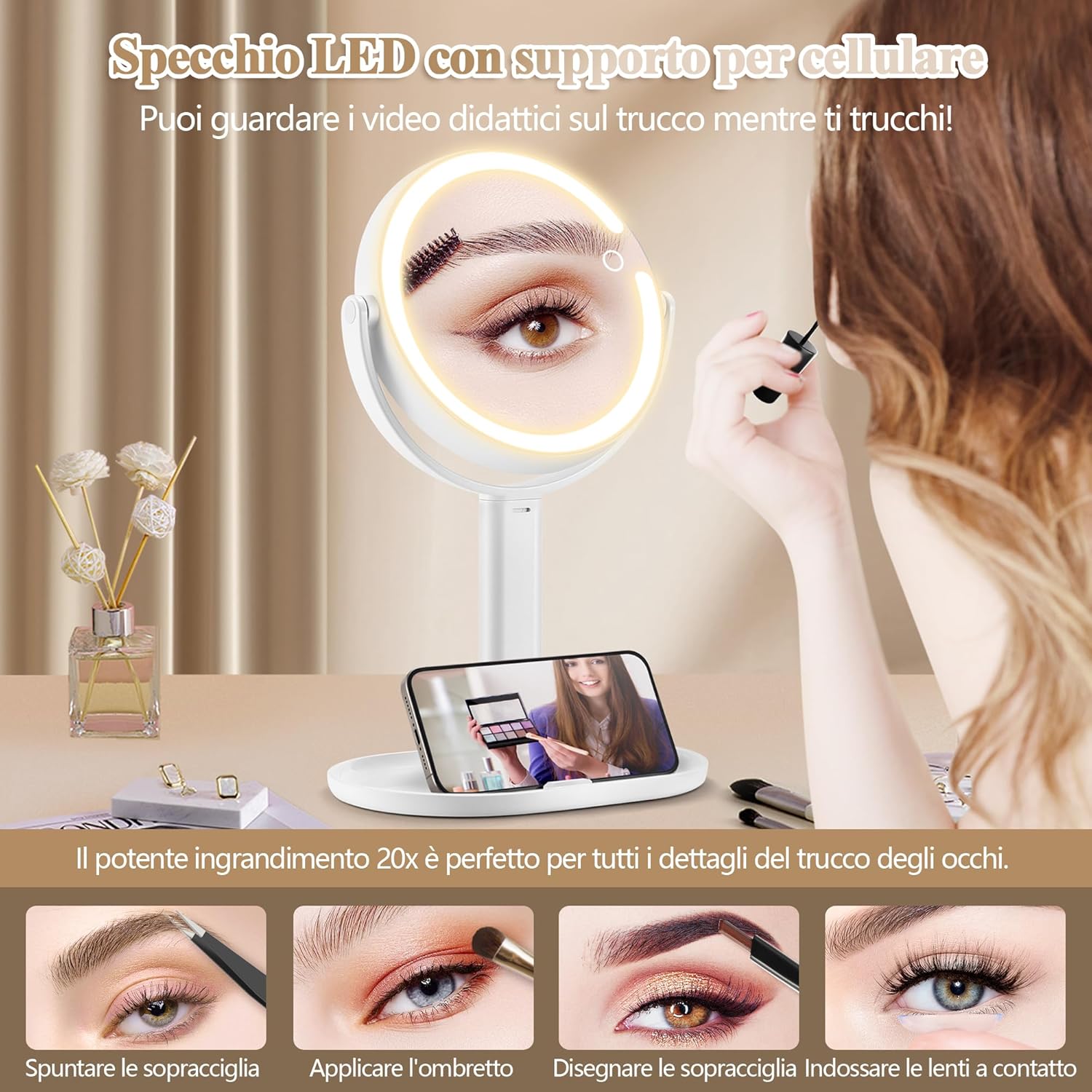 Momokuba Specchio Trucco Ingranditore 20x con Luci 8" - immagine 2