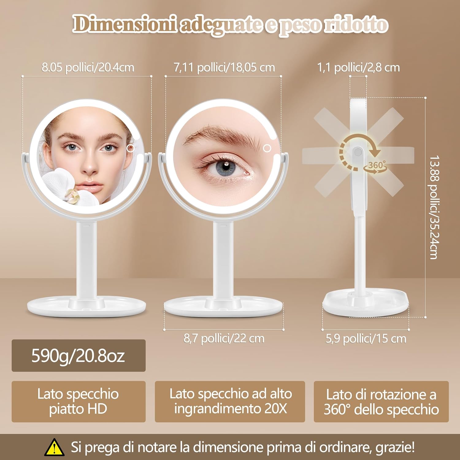 Momokuba Specchio Trucco Ingranditore 20x con Luci 8" - immagine 5