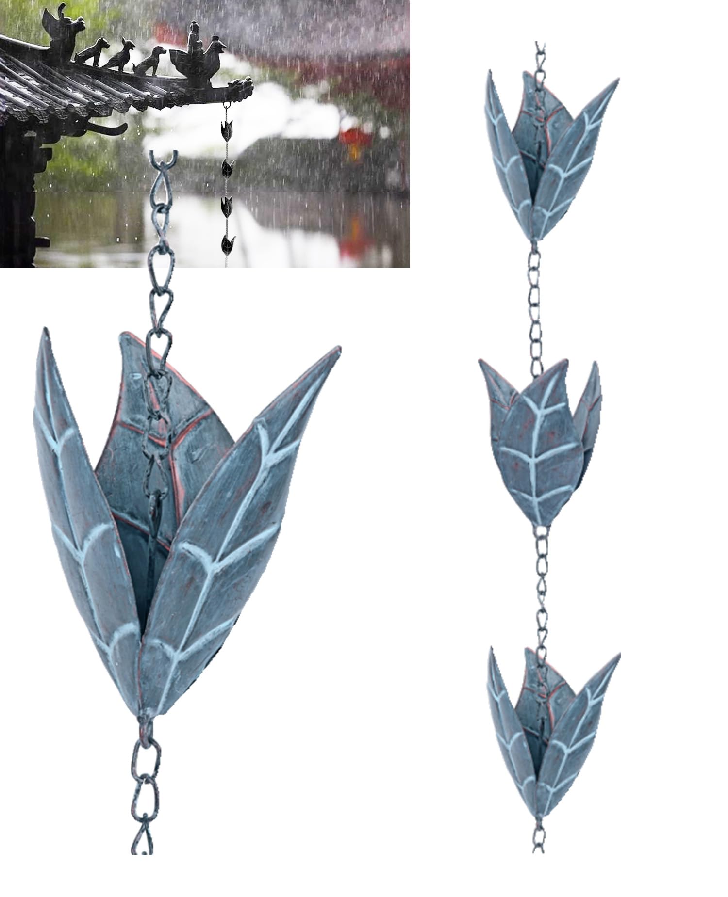 Catena della Pioggia in Metallo 2.6m a Foglia Blu