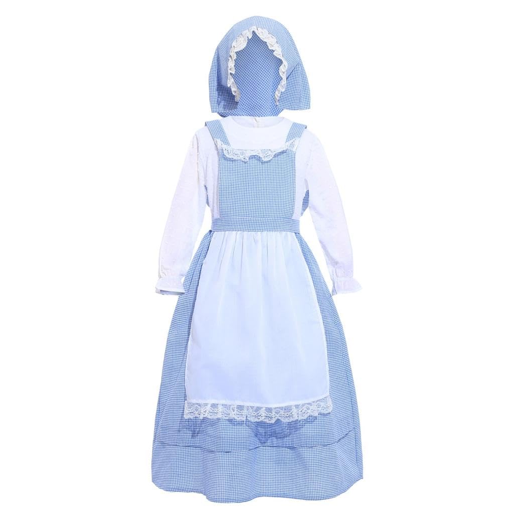 Lito Angels Vestito Costume Medievale Coloniale Pioniere Quadretti Blu con Grembiule Bianco e Cappello Pizzo per Bambina Taglia 3-12 anni