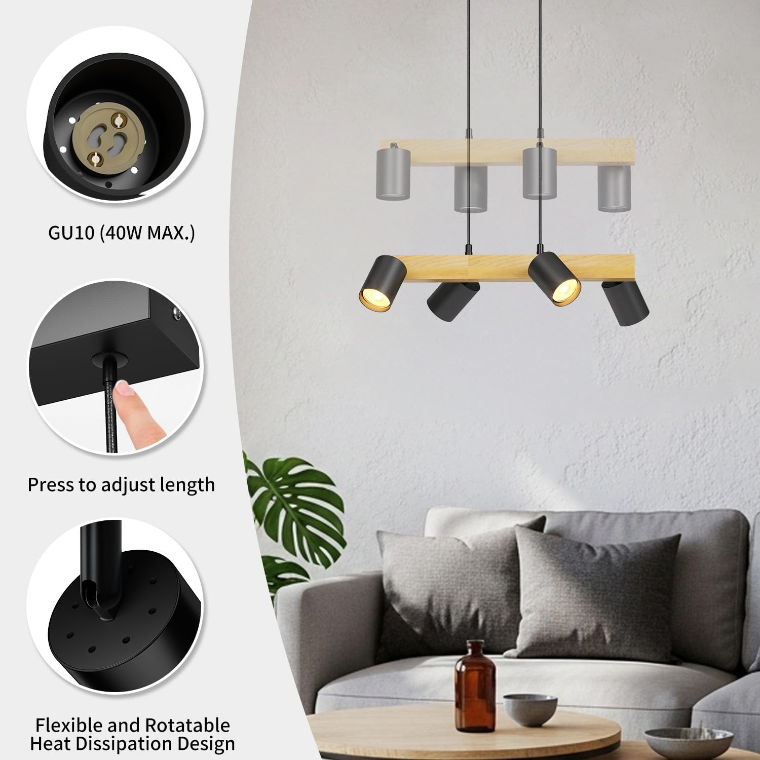 Lvwit Lampadario Sala da Pranzo Nero con 4 Luci GU10 - immagine 4