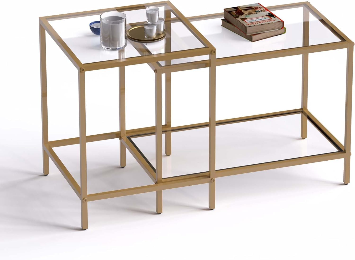 Set 2 Tavolini Quadrati da Salotto Moderni in Vetro, Oro