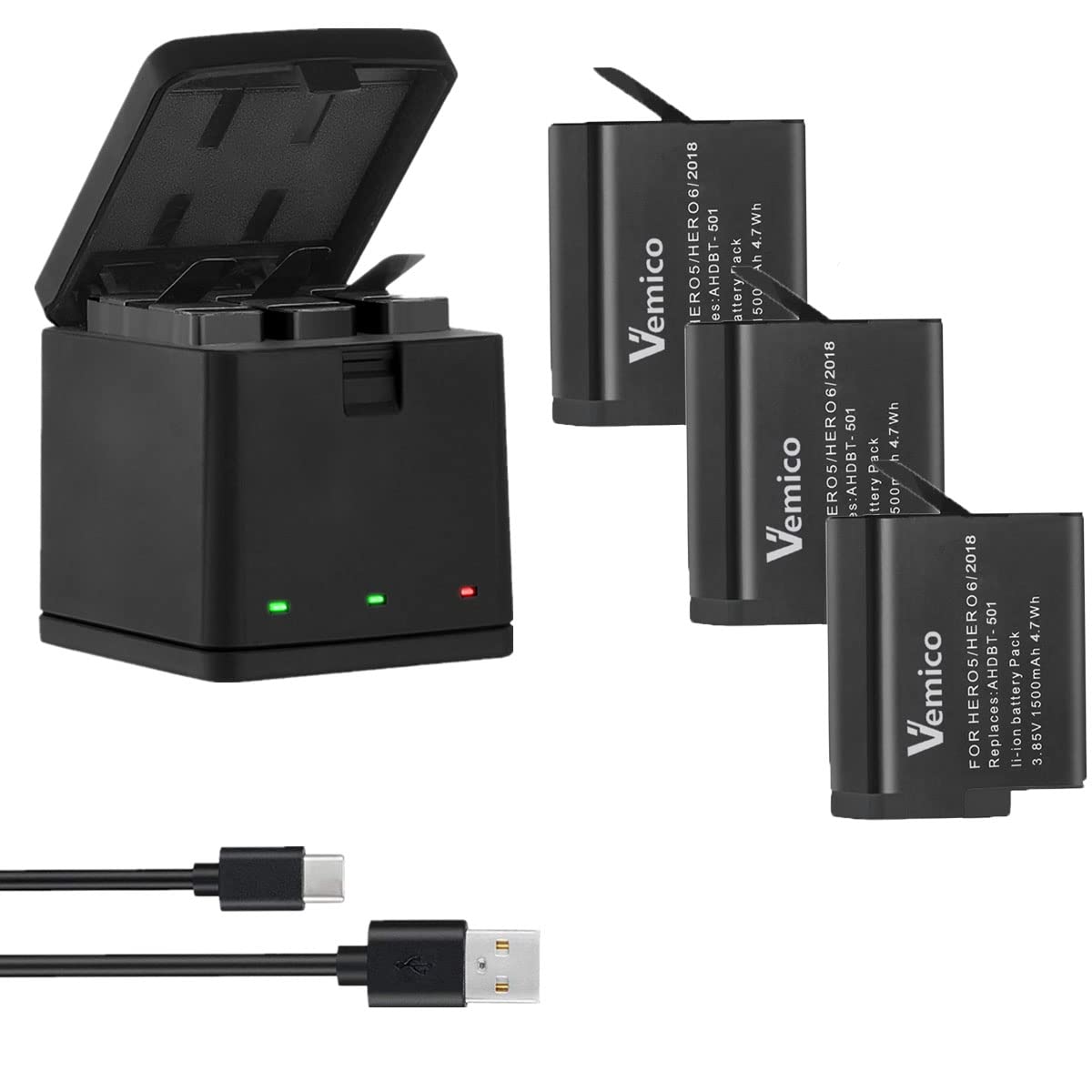 Vemico Kit 3 Batterie 1500mAh + Caricabatterie Tipo-C