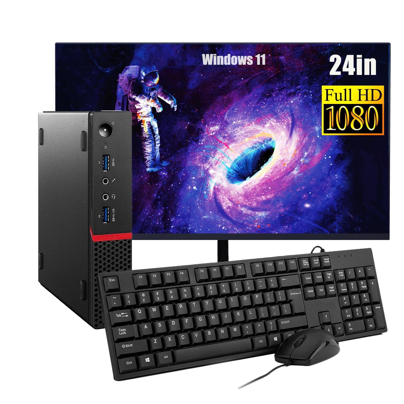 Lenovo ThinkCentre M700 Mini Desktop PC con monitor da 24", Intel Core i5-6500, 8 GB RAM, SSD da 256 GB, tastiera US QWERTY WLAN, Bluetooth, Windows 11 Pro (ricondizionato)