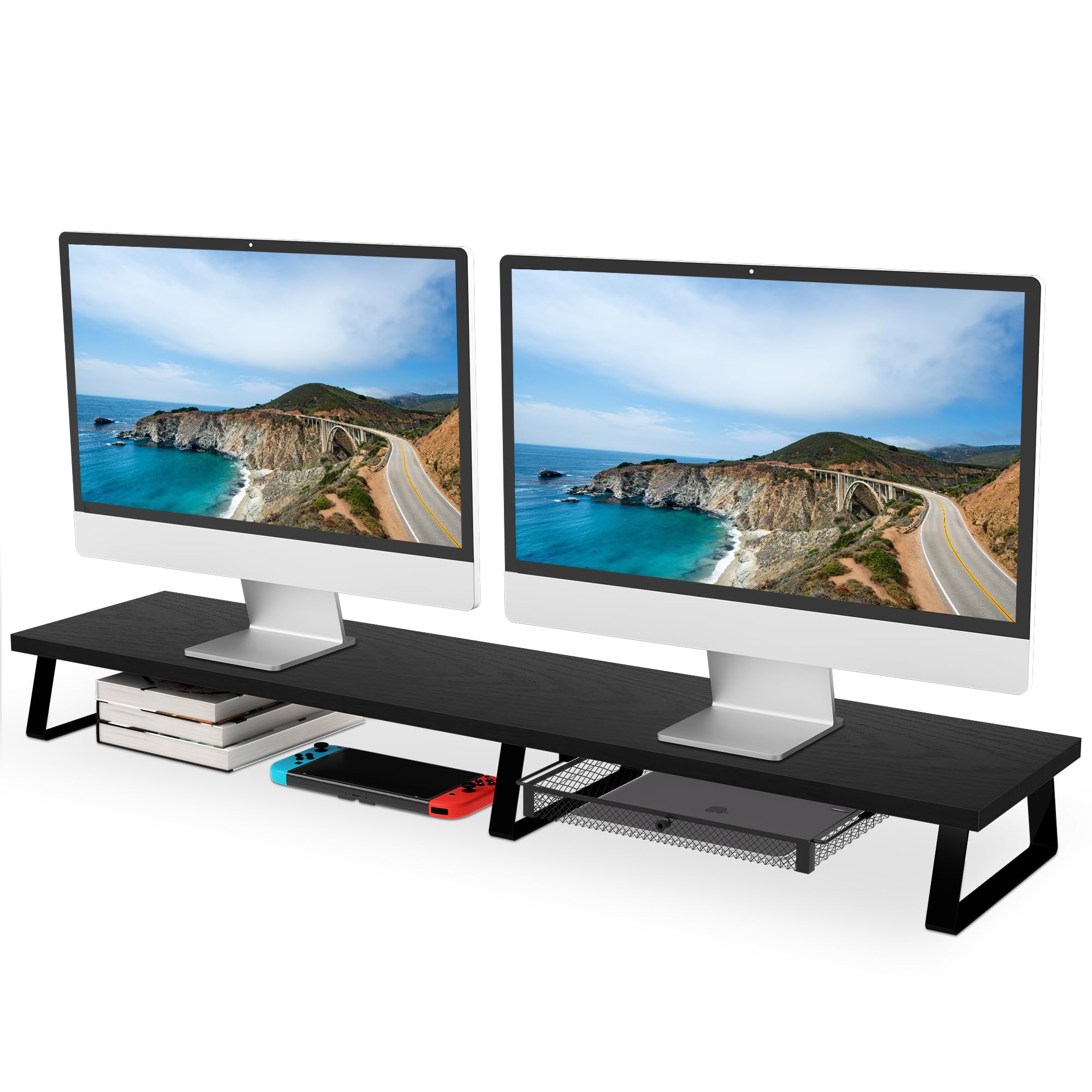 Aothia Supporto Doppio Monitor in Legno con Cassetto, Nero