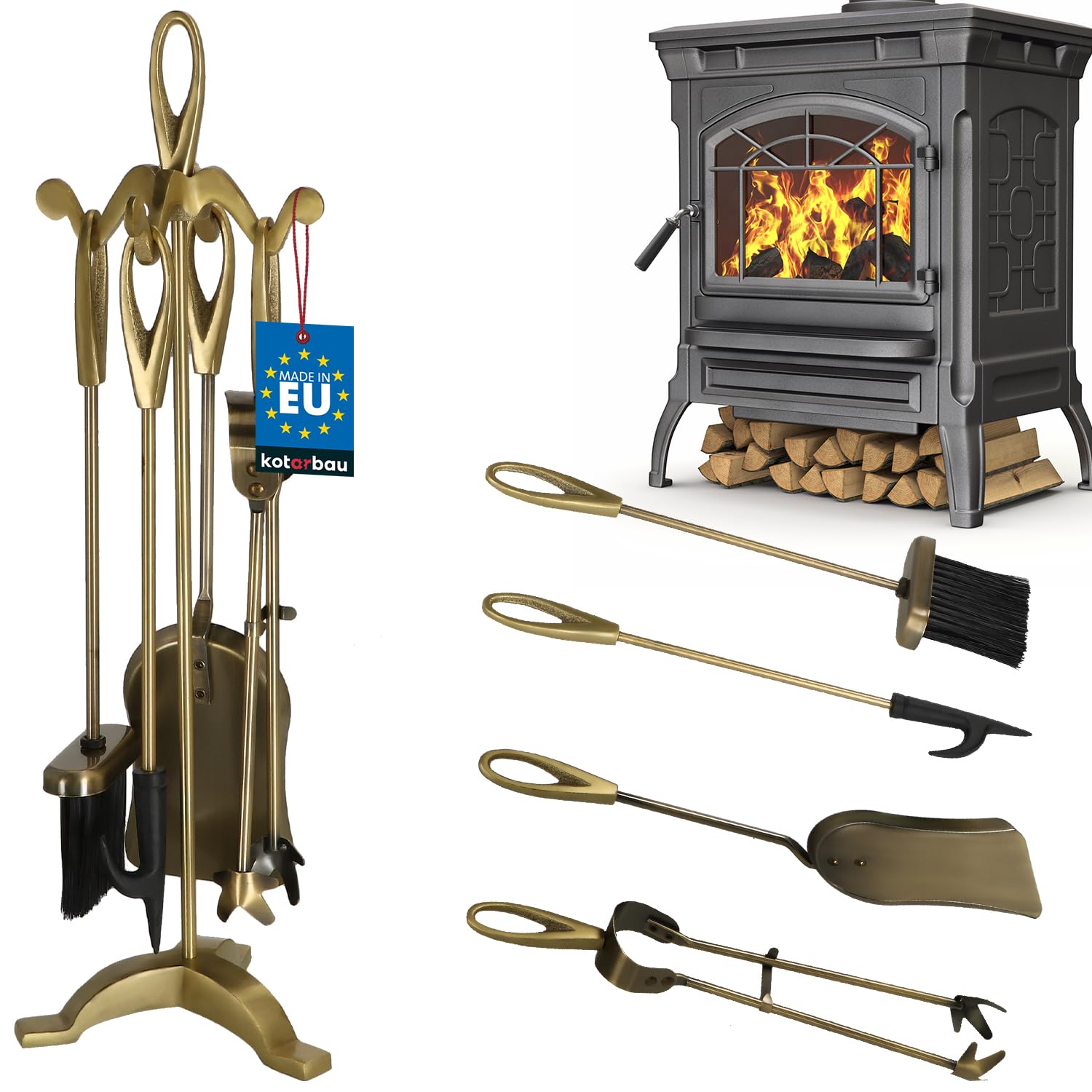 KOTARBAU® Set di attrezzi per camino, in stile retrò, per scopa, 4 pezzi