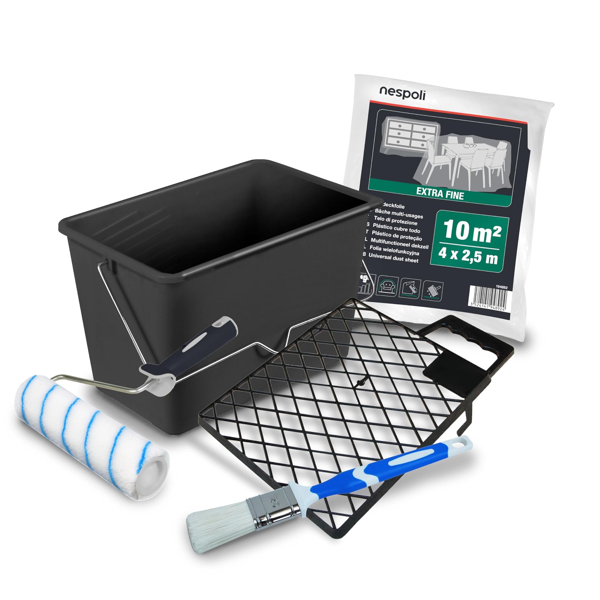 Nespoli - Set Pittura Completo con Rullo per Pittura, Pennello Pittura, Secchio, Telo, Retina - Kit Pittura Murale e Fissativo per Muri Interni per Lavori Fai da Te, Set Rullo Pittura Facile Utilizzo