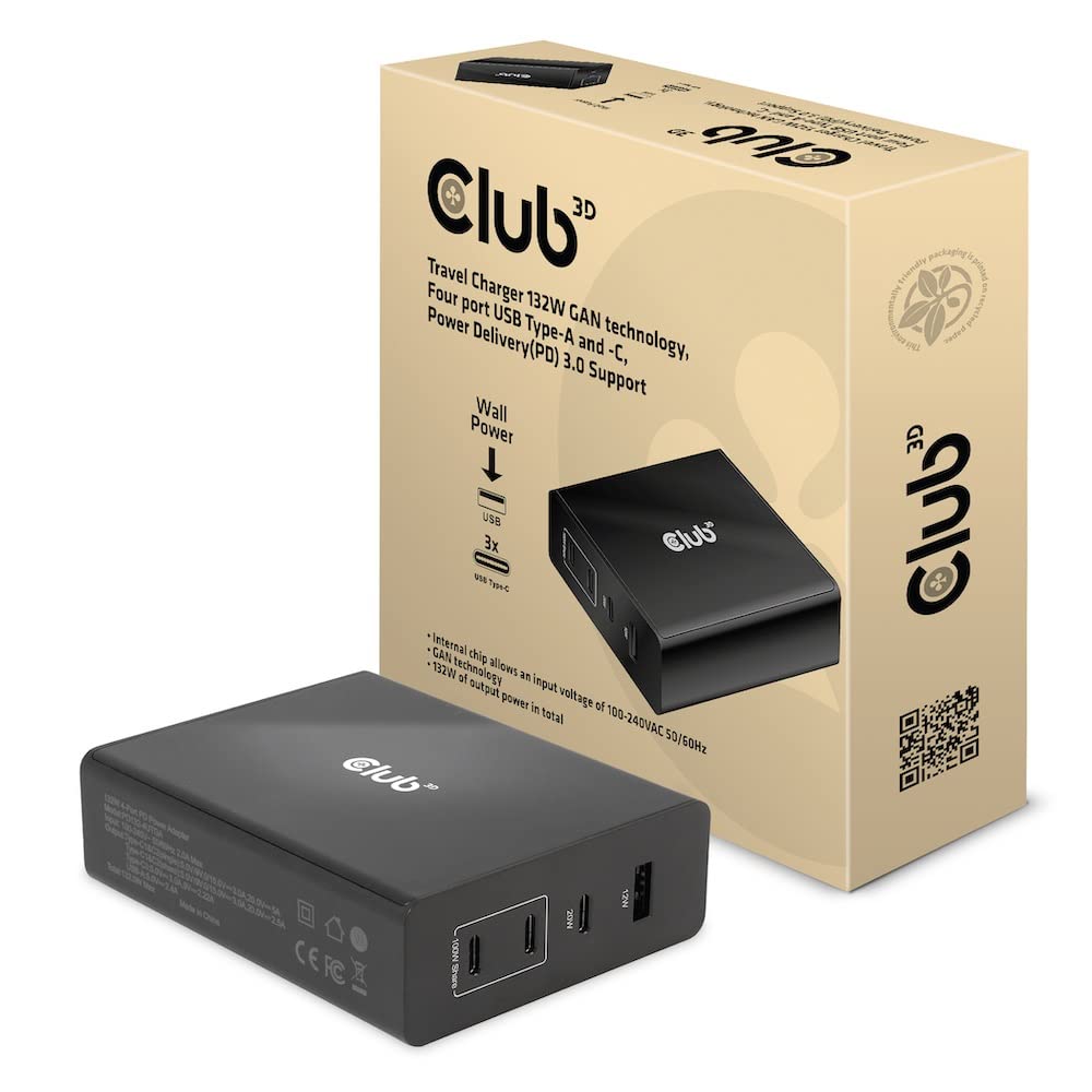 CLUB 3D CARGADOR 3XUSB TIPO C, 1XUSB A, PD 132W RETAIL