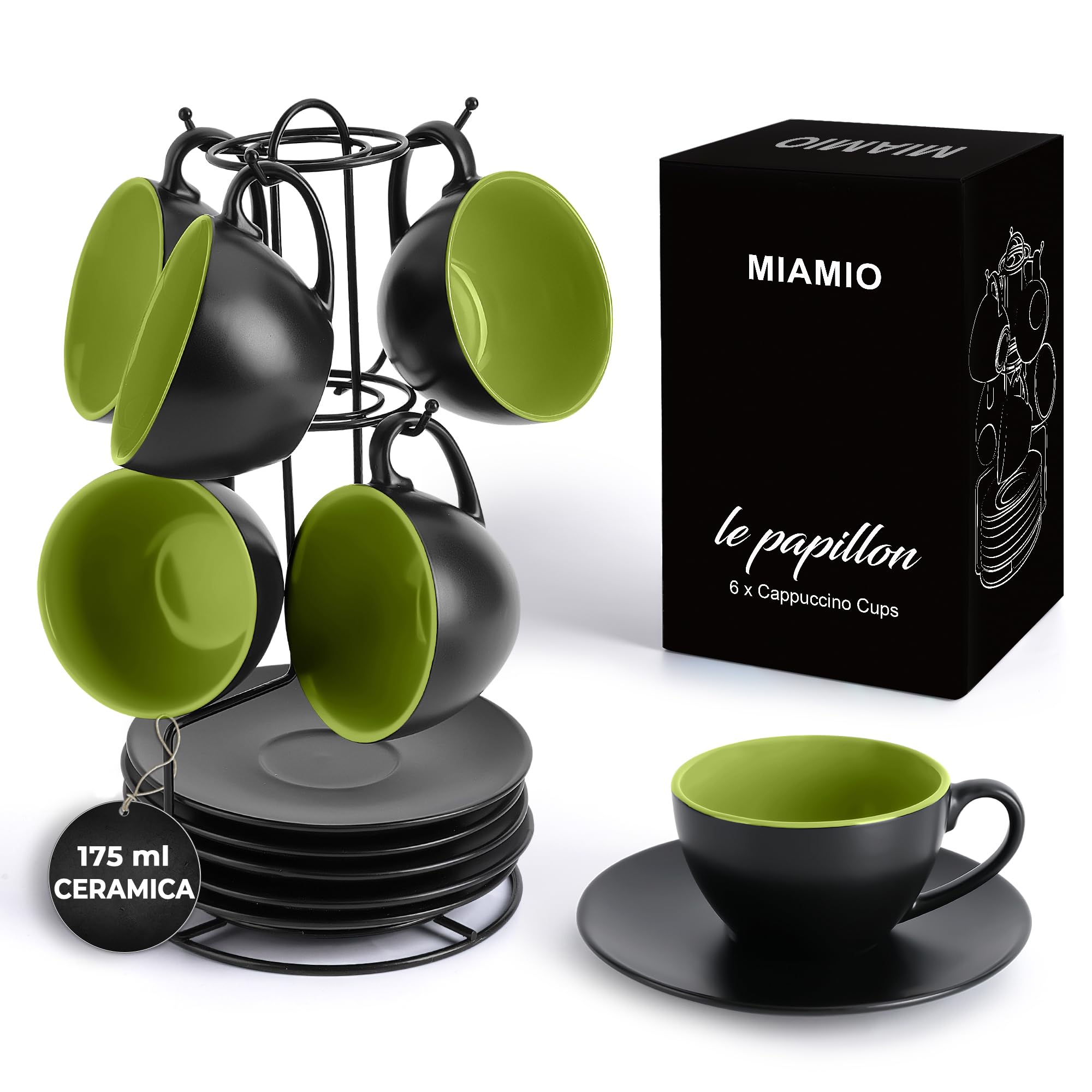 Miamio Set 6 Tazze Cappuccino con Piattini 175ml, Verde